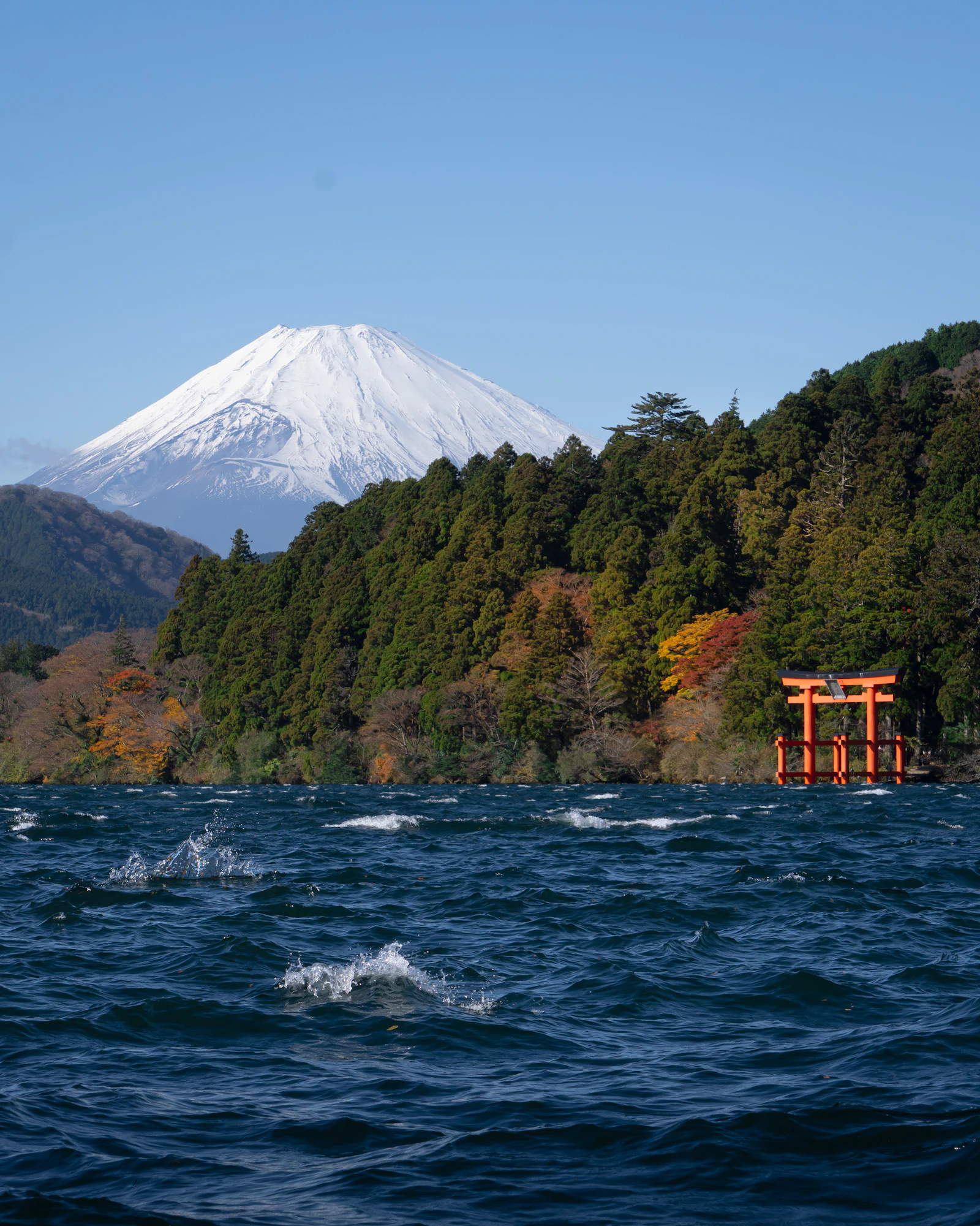 Mt Fuji seen across Lake Ashi beside the Hakone torii gate