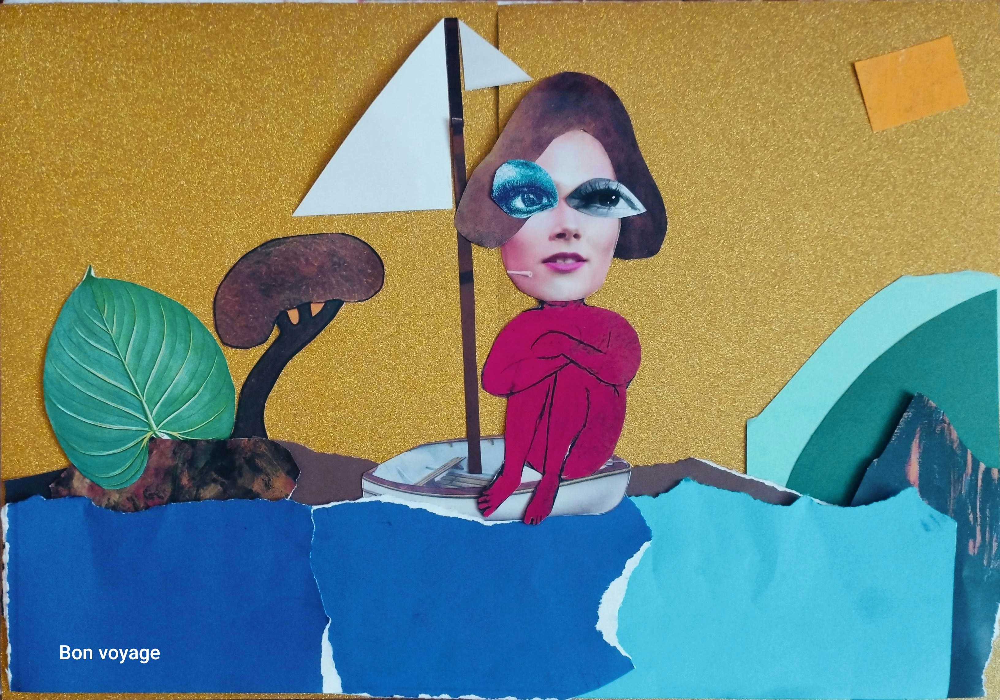 A collage of a woman sailing at sea.
