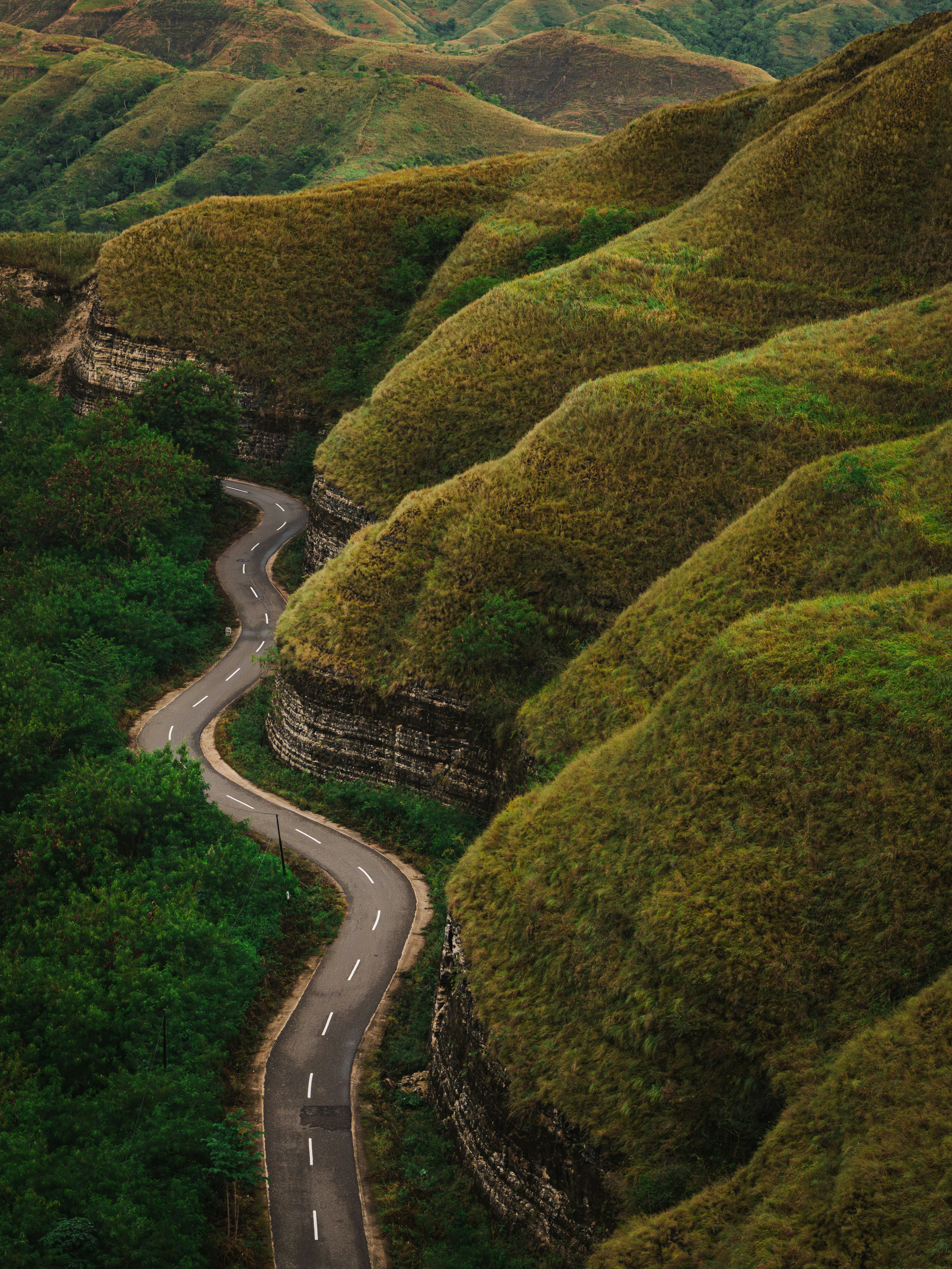 A winding road cuts through lush, grassy hills.