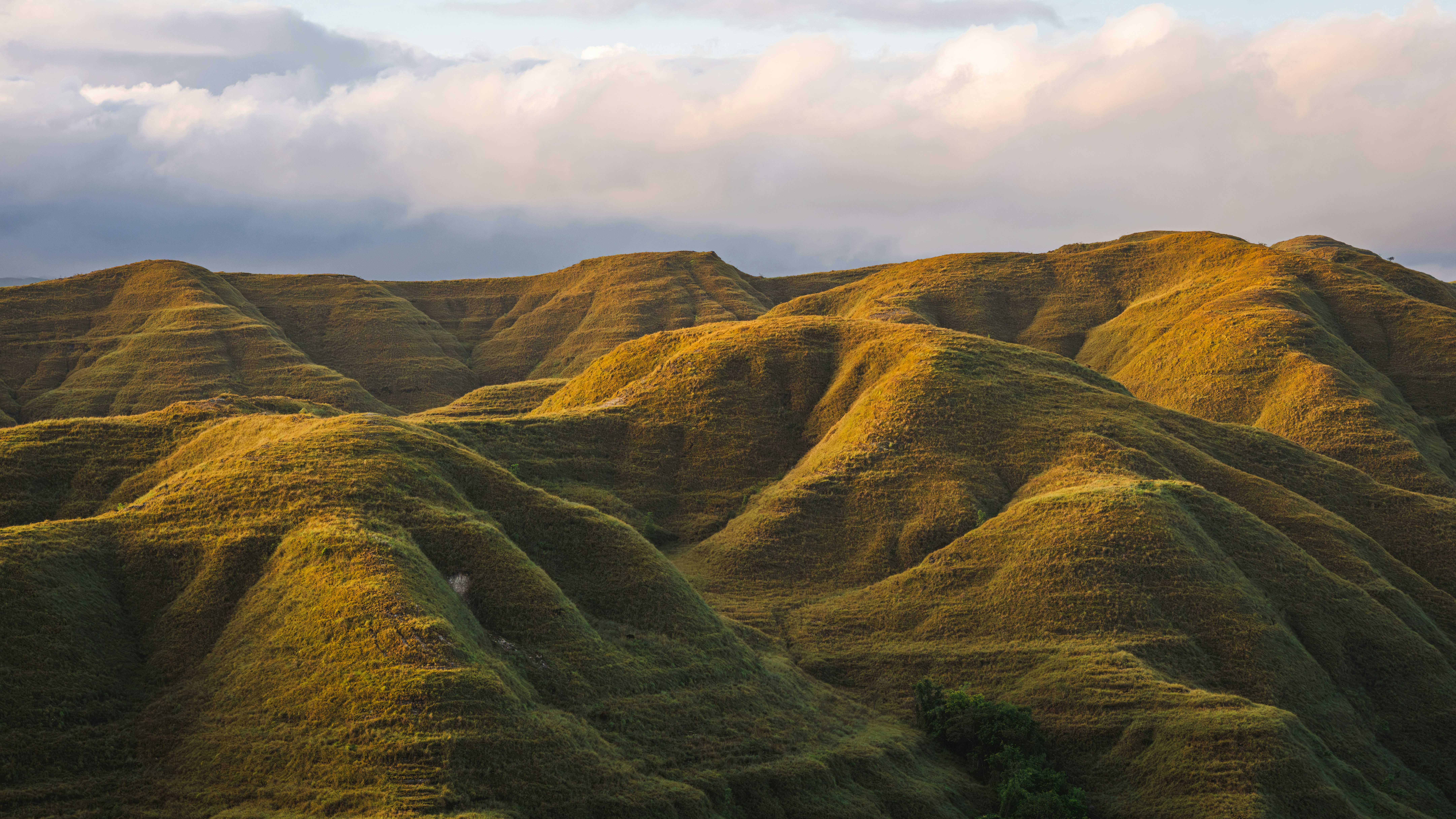 Golden light bathes rolling hills and cloudy skies.