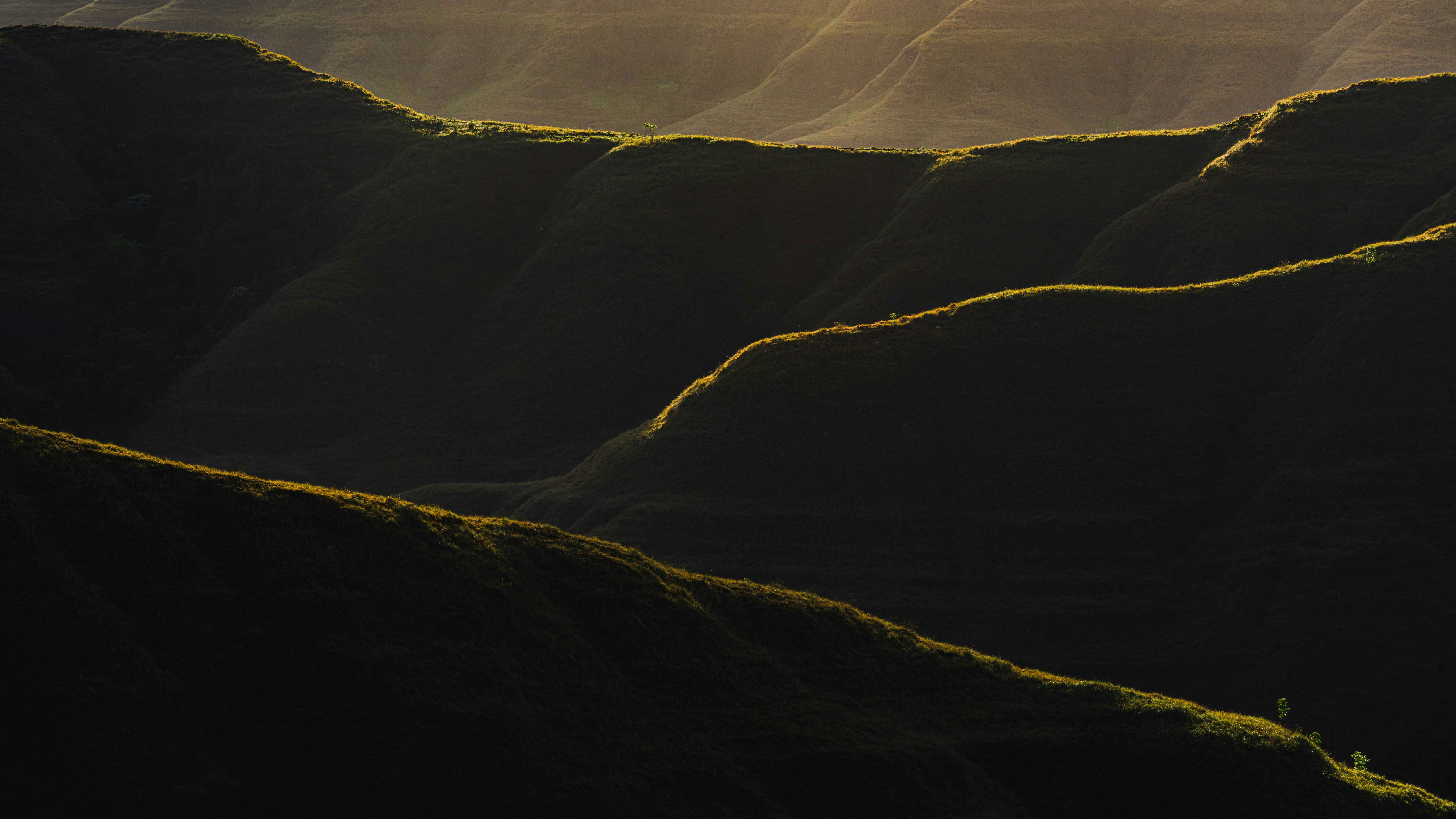 Sunlight bathes rolling hills in soft light.