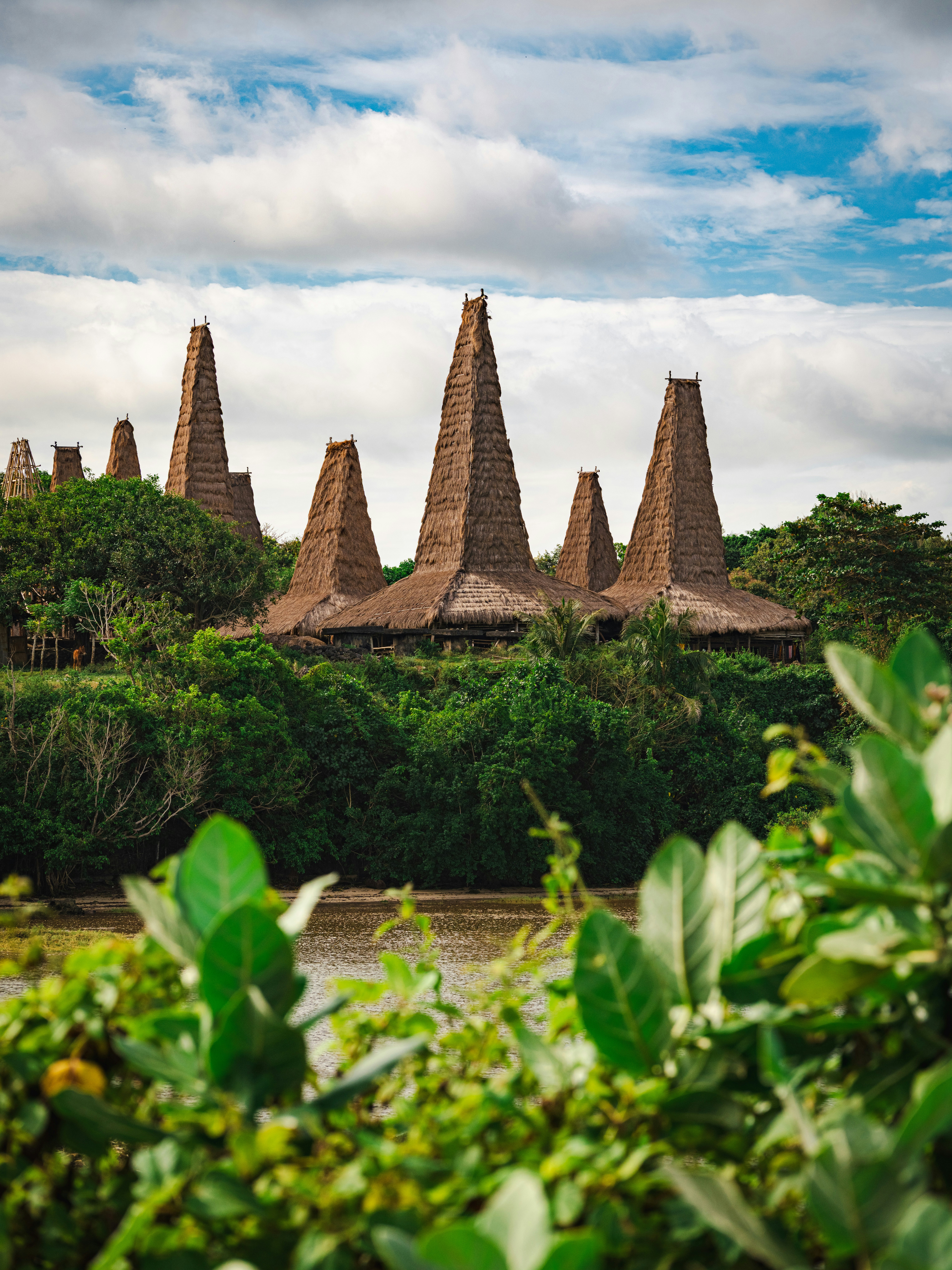 Traditional indonesian homes with unique, high roofs.