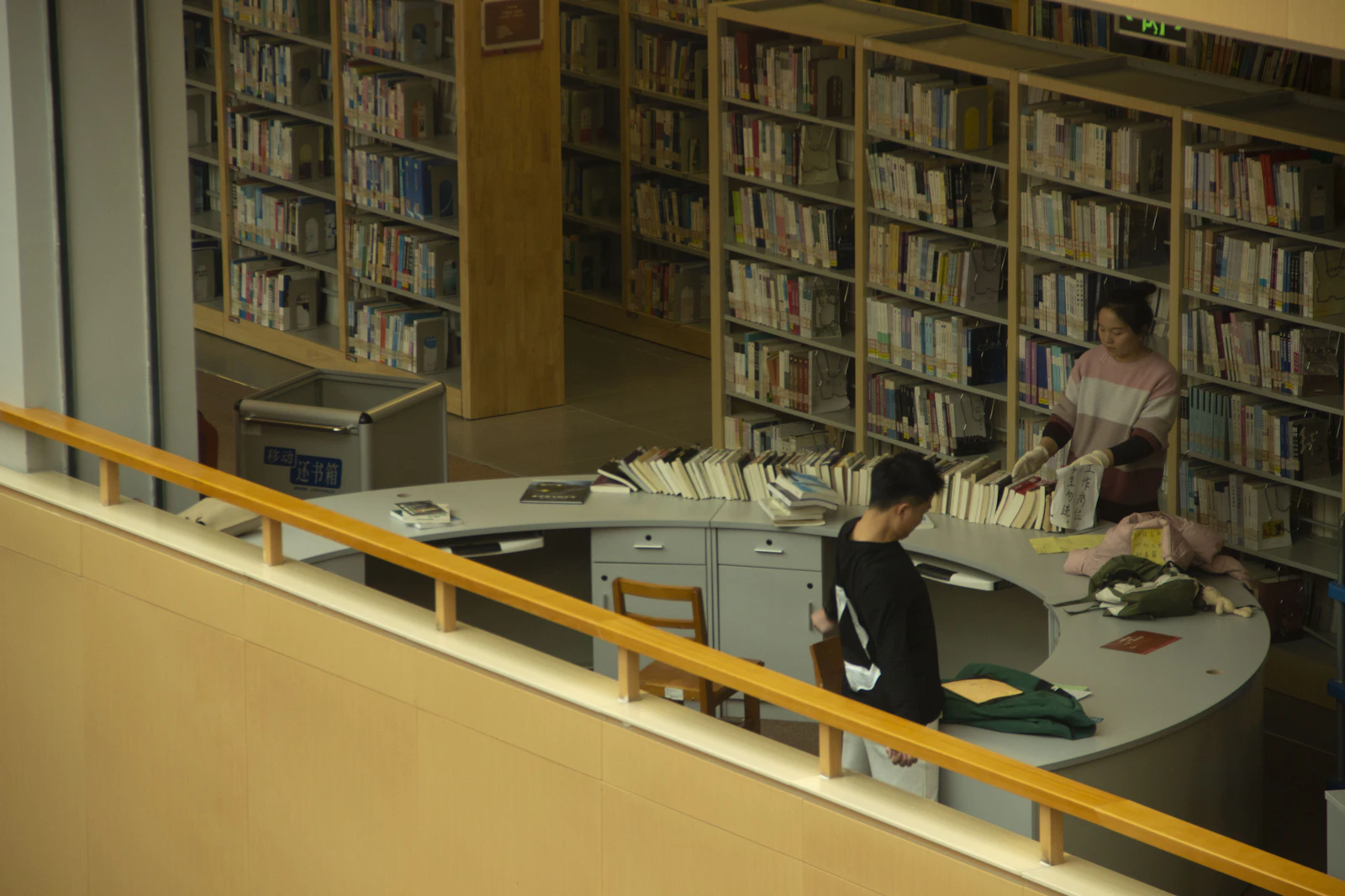 People working in a library surrounded by books