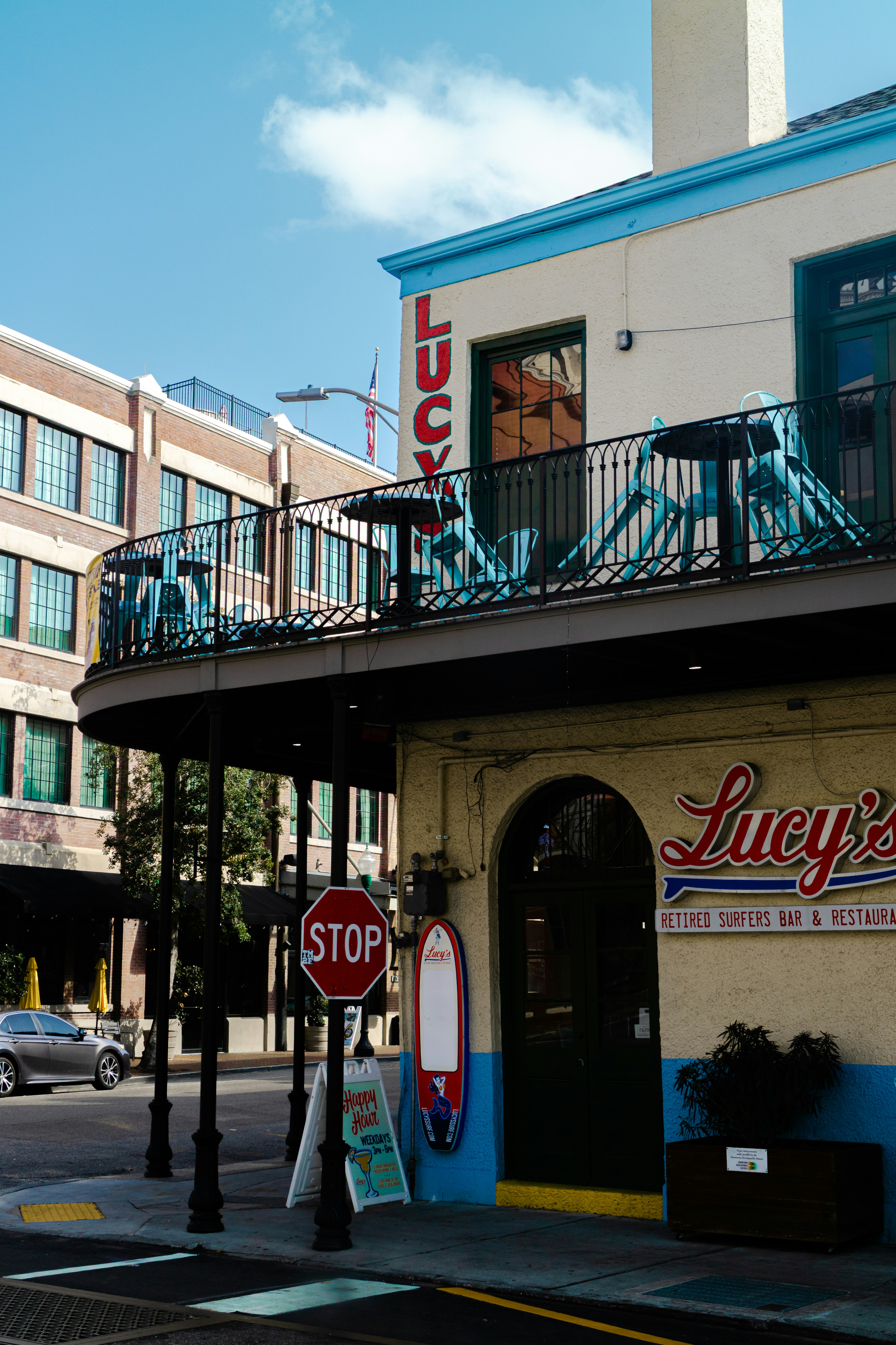 Lucy's surf bar has a scenic balcony.