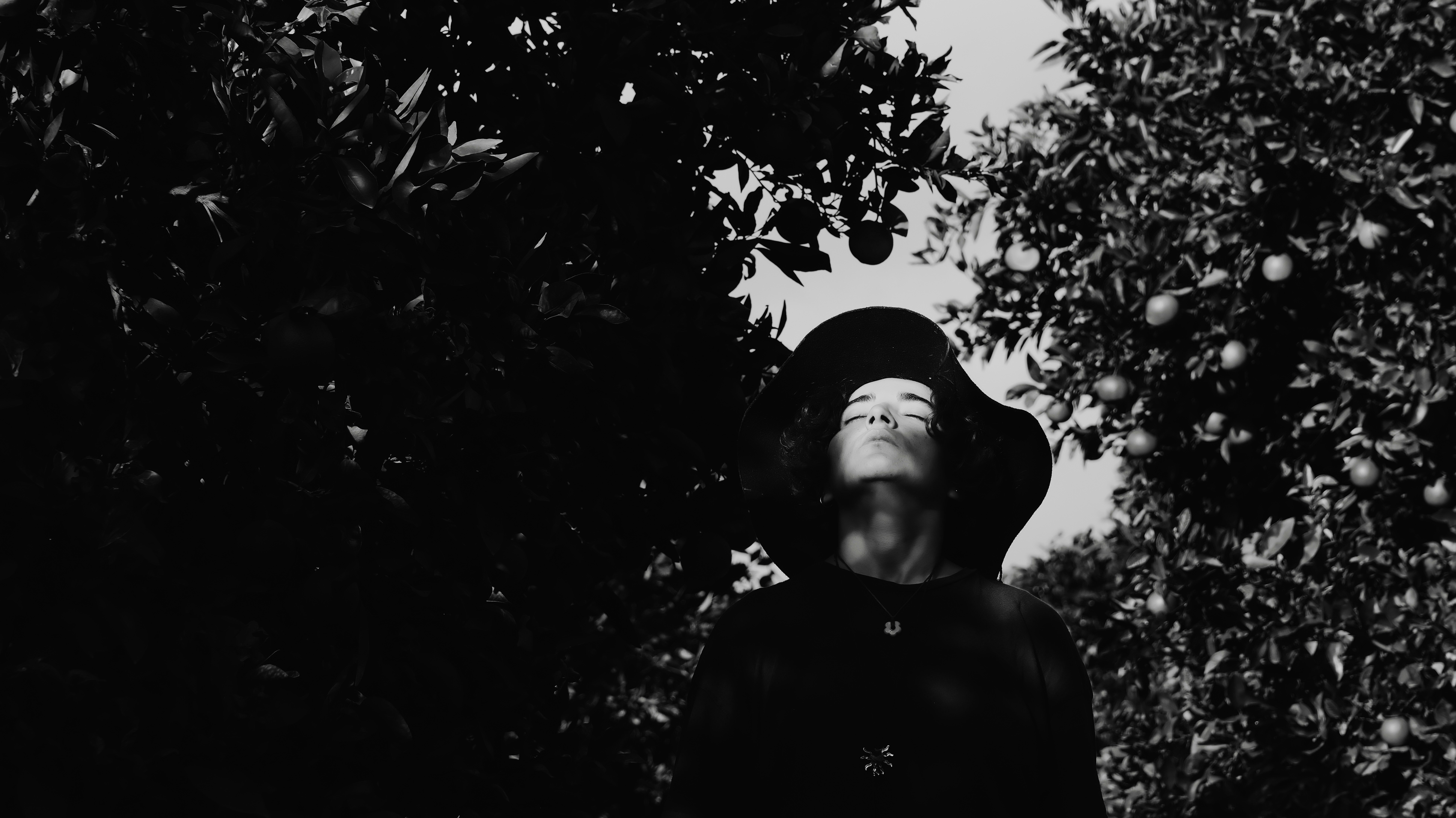 A woman in a hat looks up at sunlight.