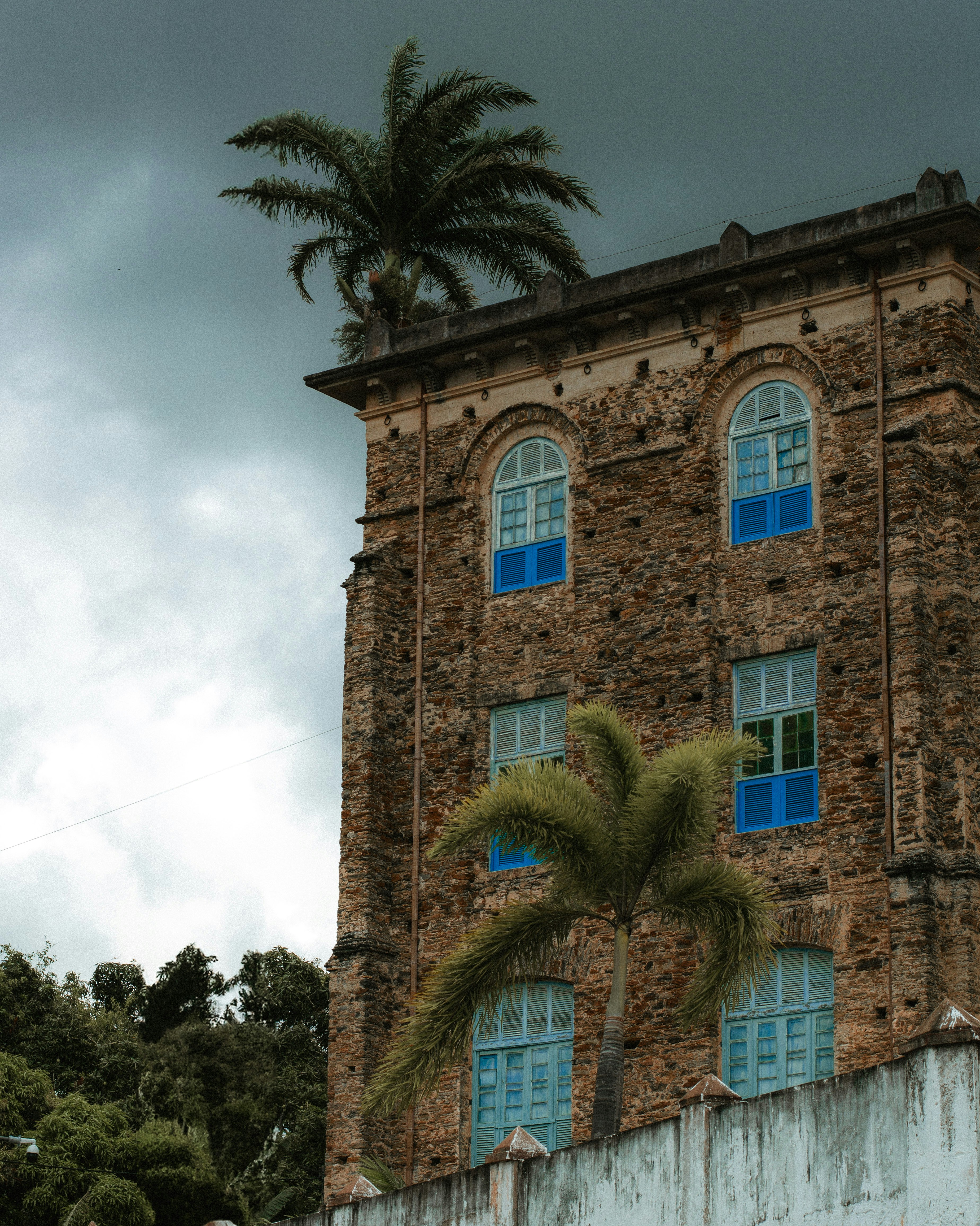 Old building with palm trees on a cloudy day.