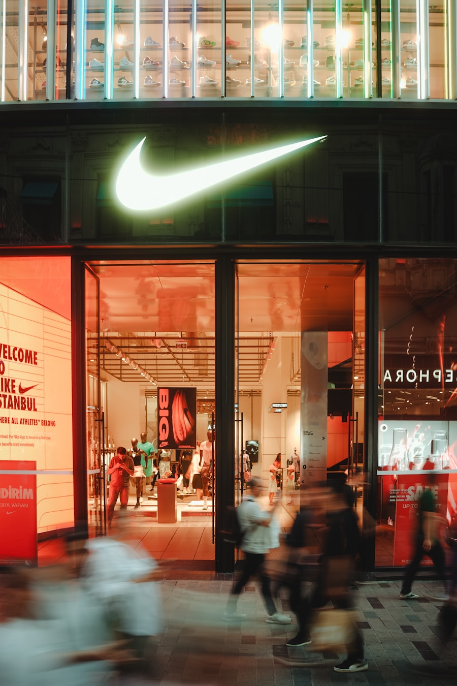 Nike store illuminated at night