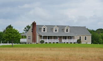 A beautiful house sits amidst greenery and fields.