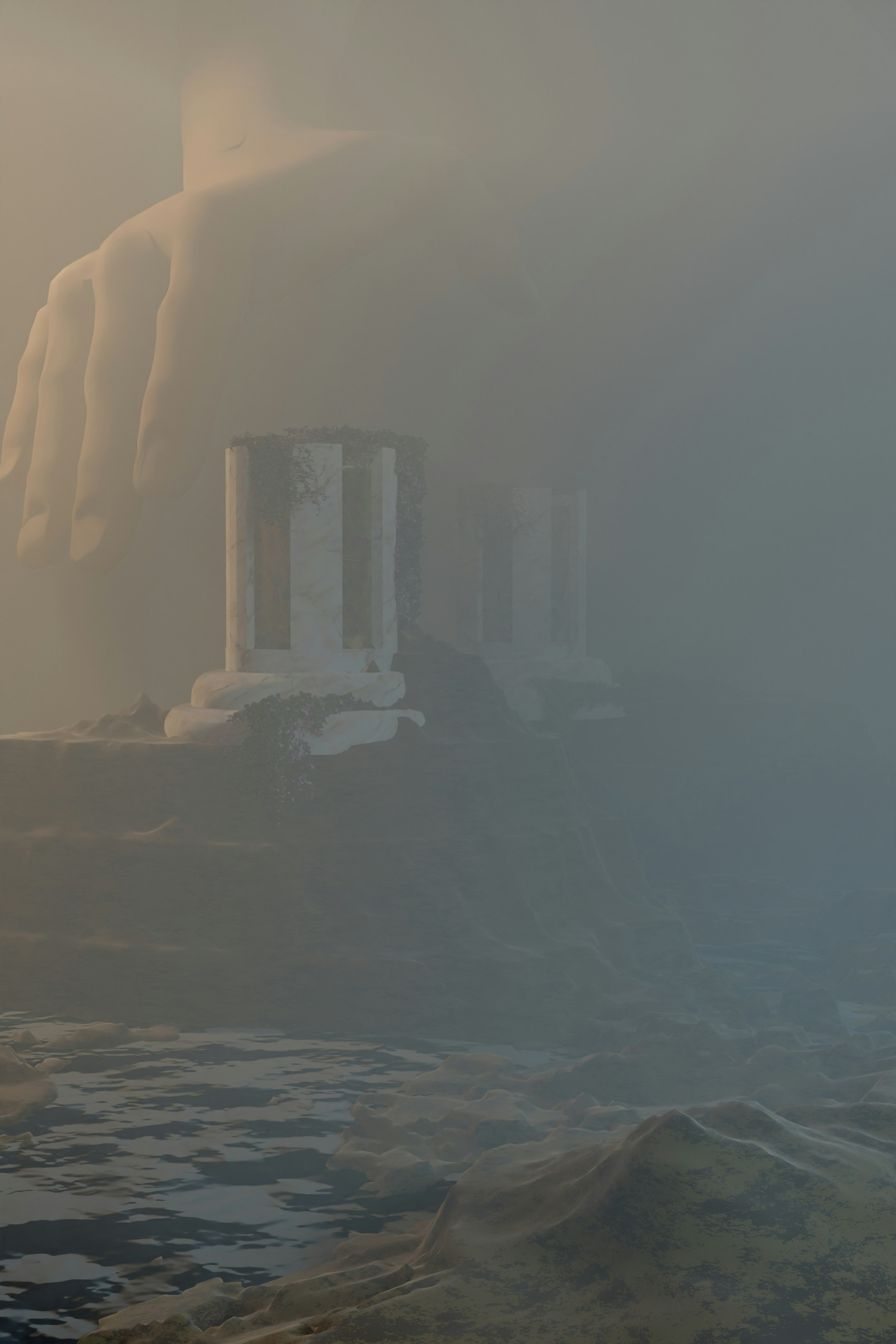 A giant hand looms over ancient ruins.