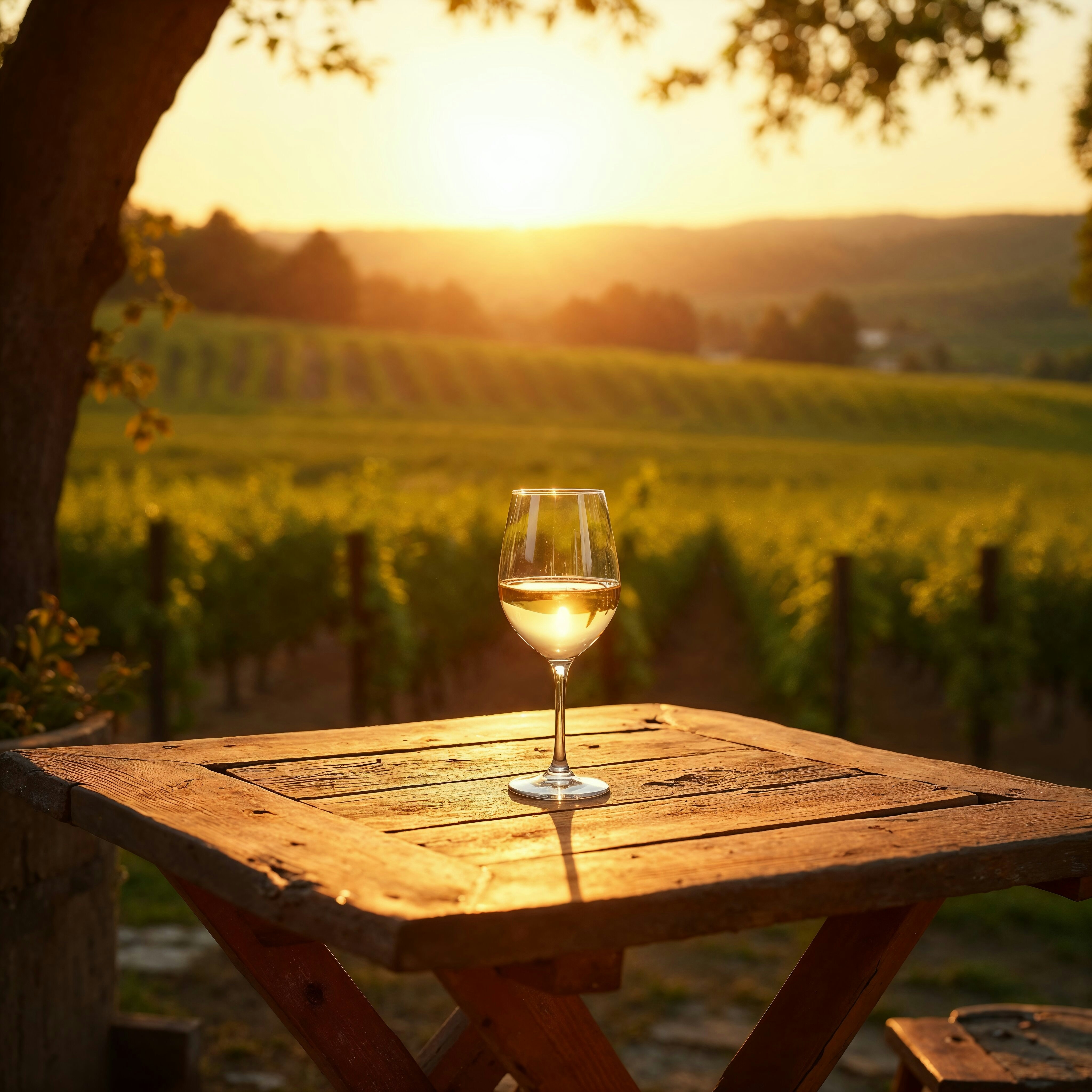 Wine glass sits on a table overlooking a vineyard.