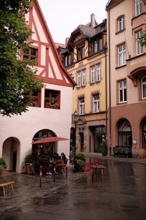 European architecture and a cafe on a rainy day.