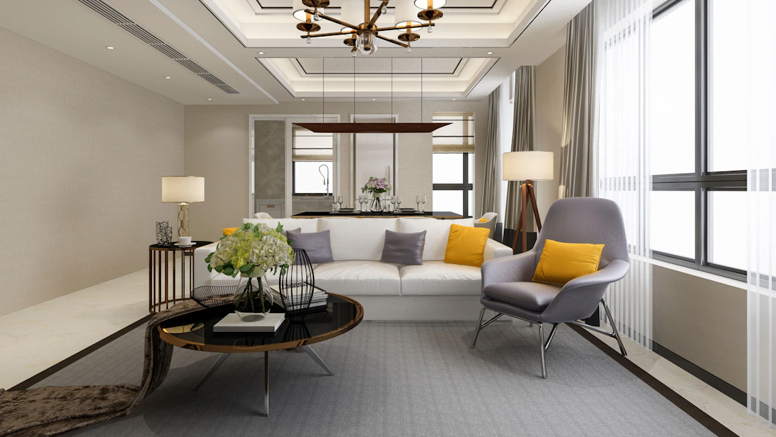 A stylish living room with modern furniture.