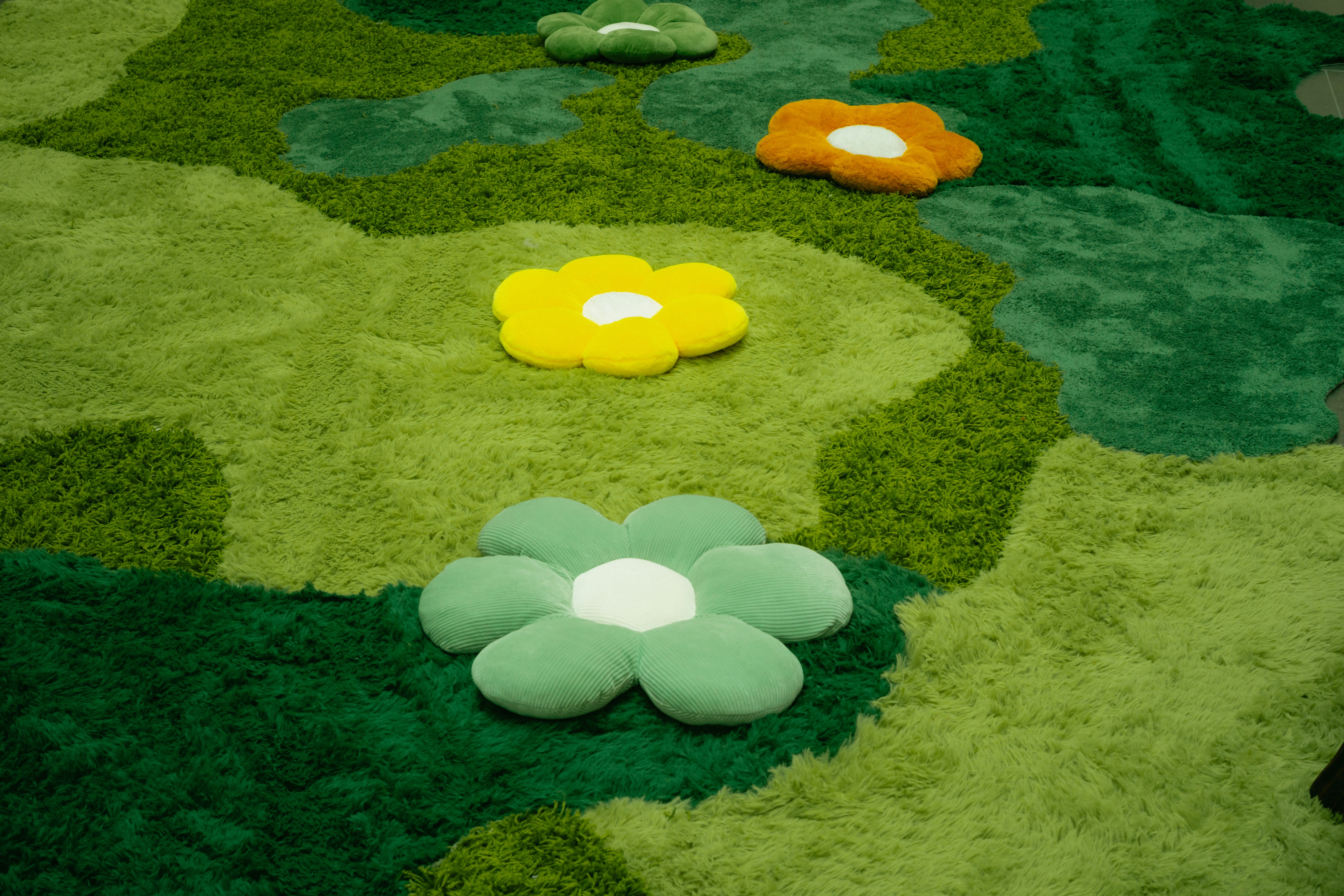 Blumen blühen auf einem grünen und moosbewachsenen Teppich.