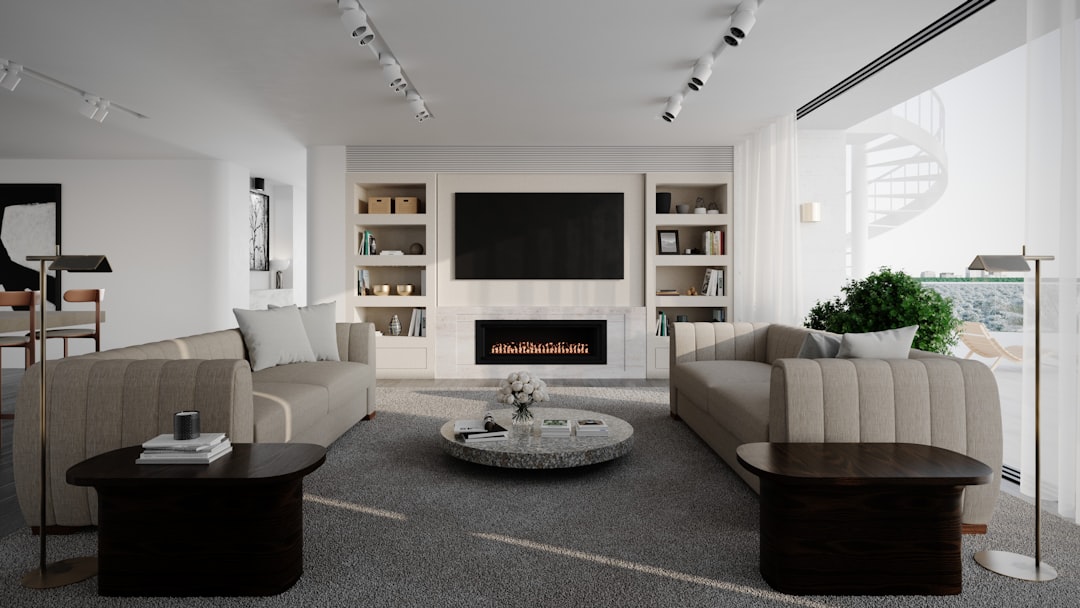 Modern living room with couches and fireplace., Carlisle