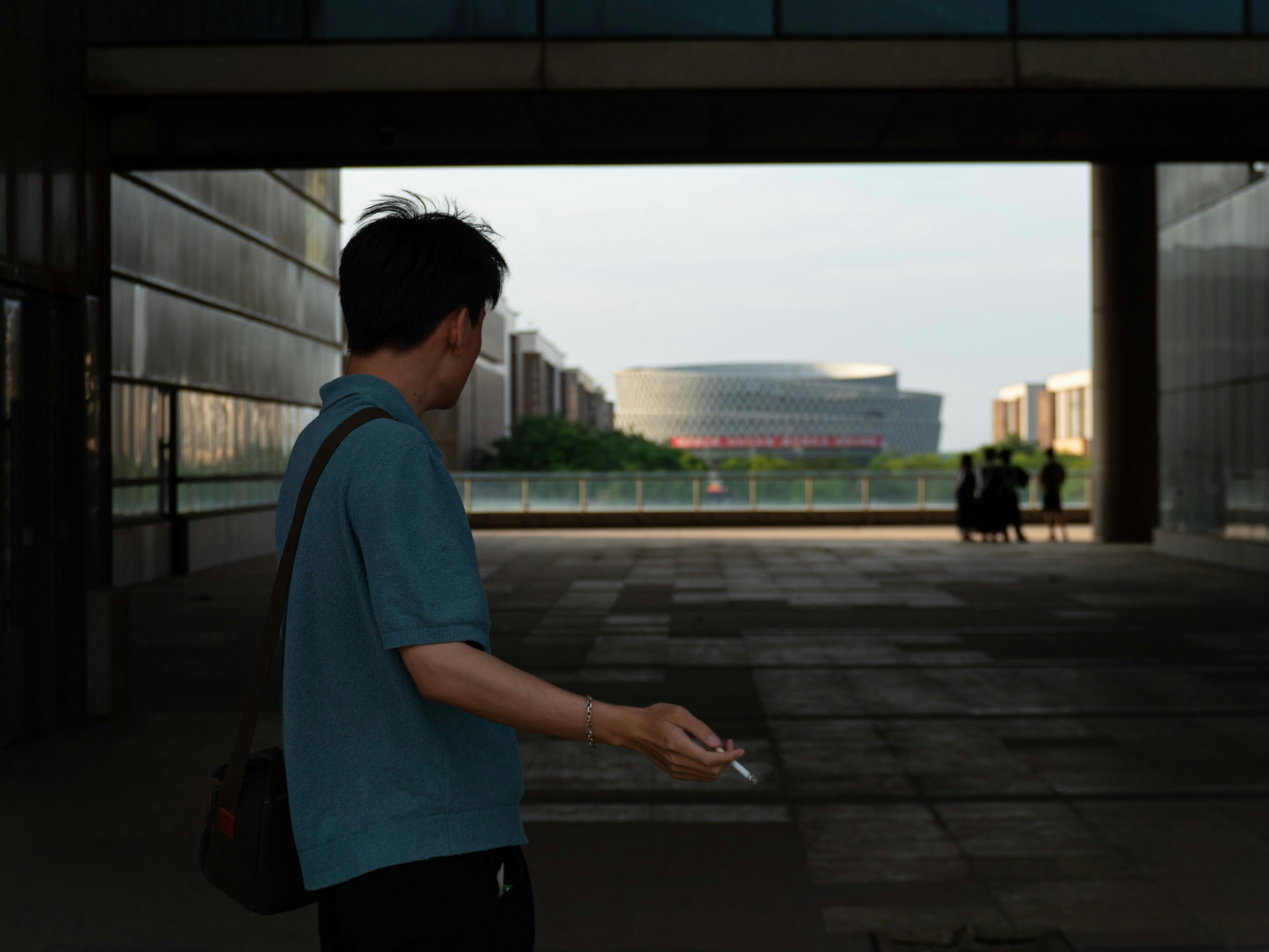 A man looks towards a distant building.