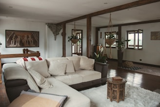 Cozy living room with natural elements and warm tones.
