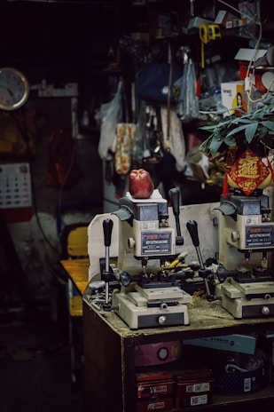 A locksmith's workshop with key-cutting machines.