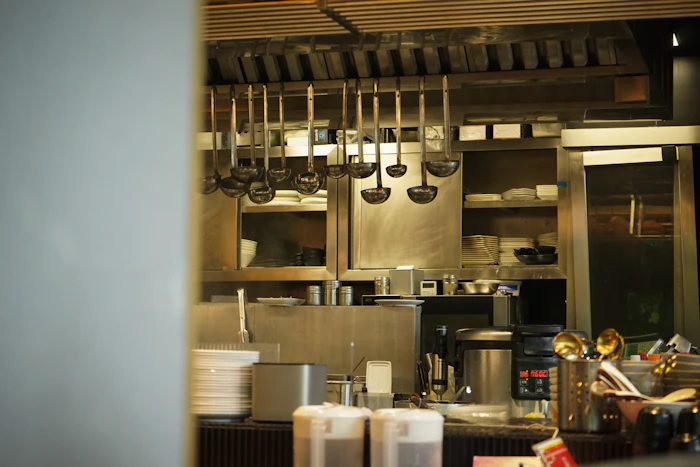 Utensils hanging on a rail in a professional kitchen