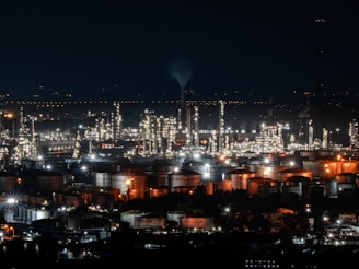 Nighttime view of an industrial complex.