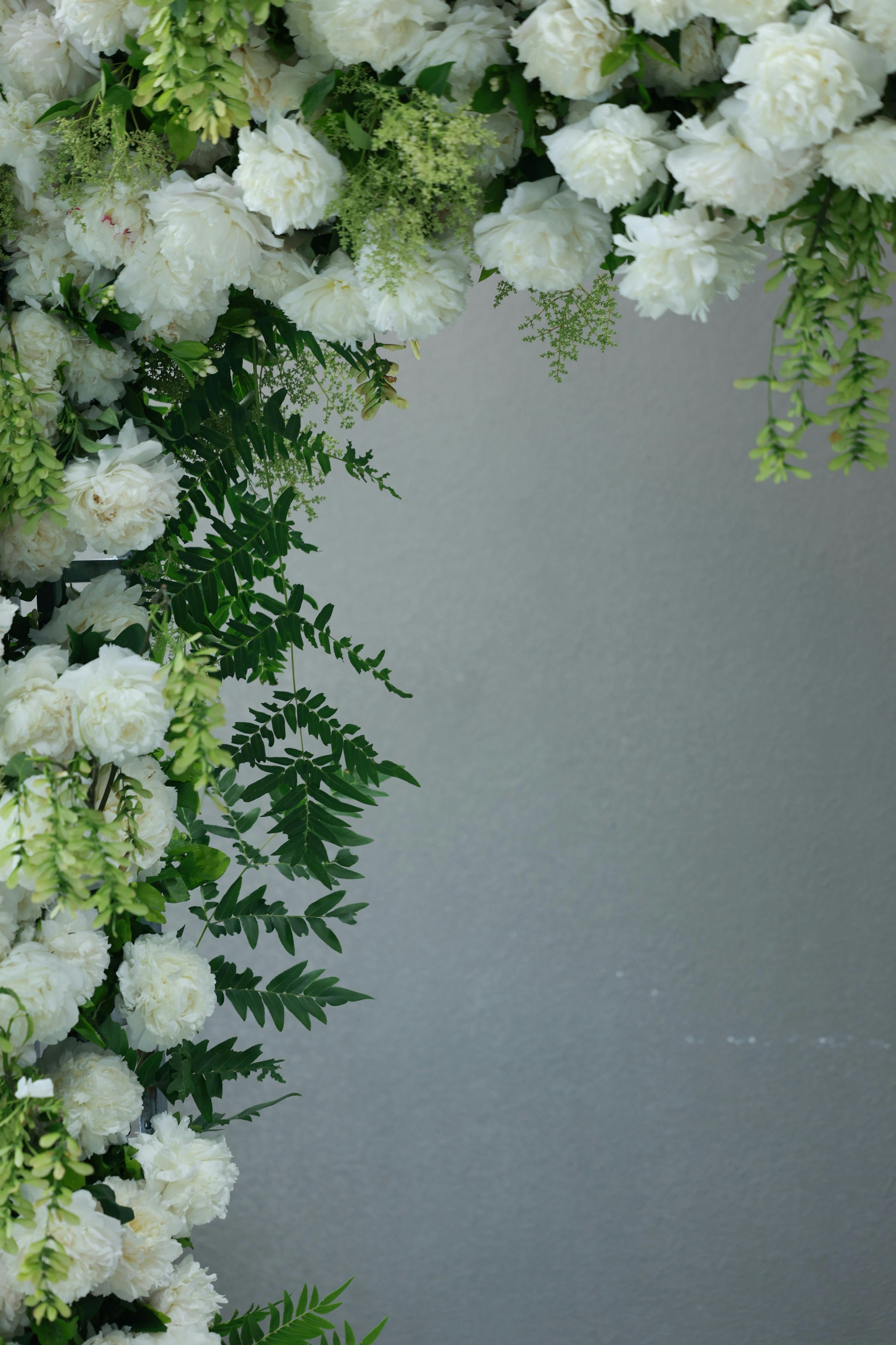 Flores brancas e vegetação adornam o canto.