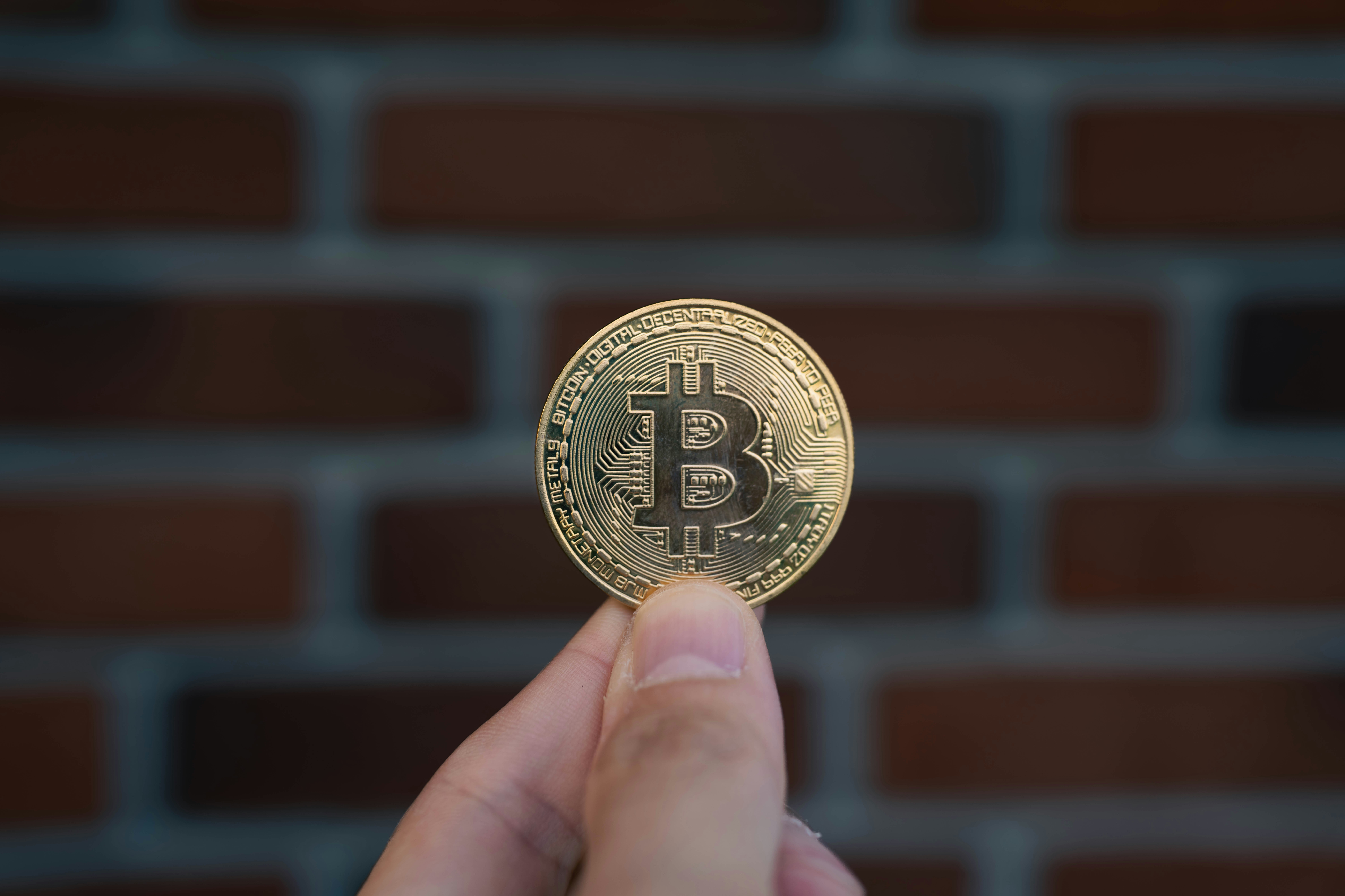 A hand is holding a bitcoin coin.