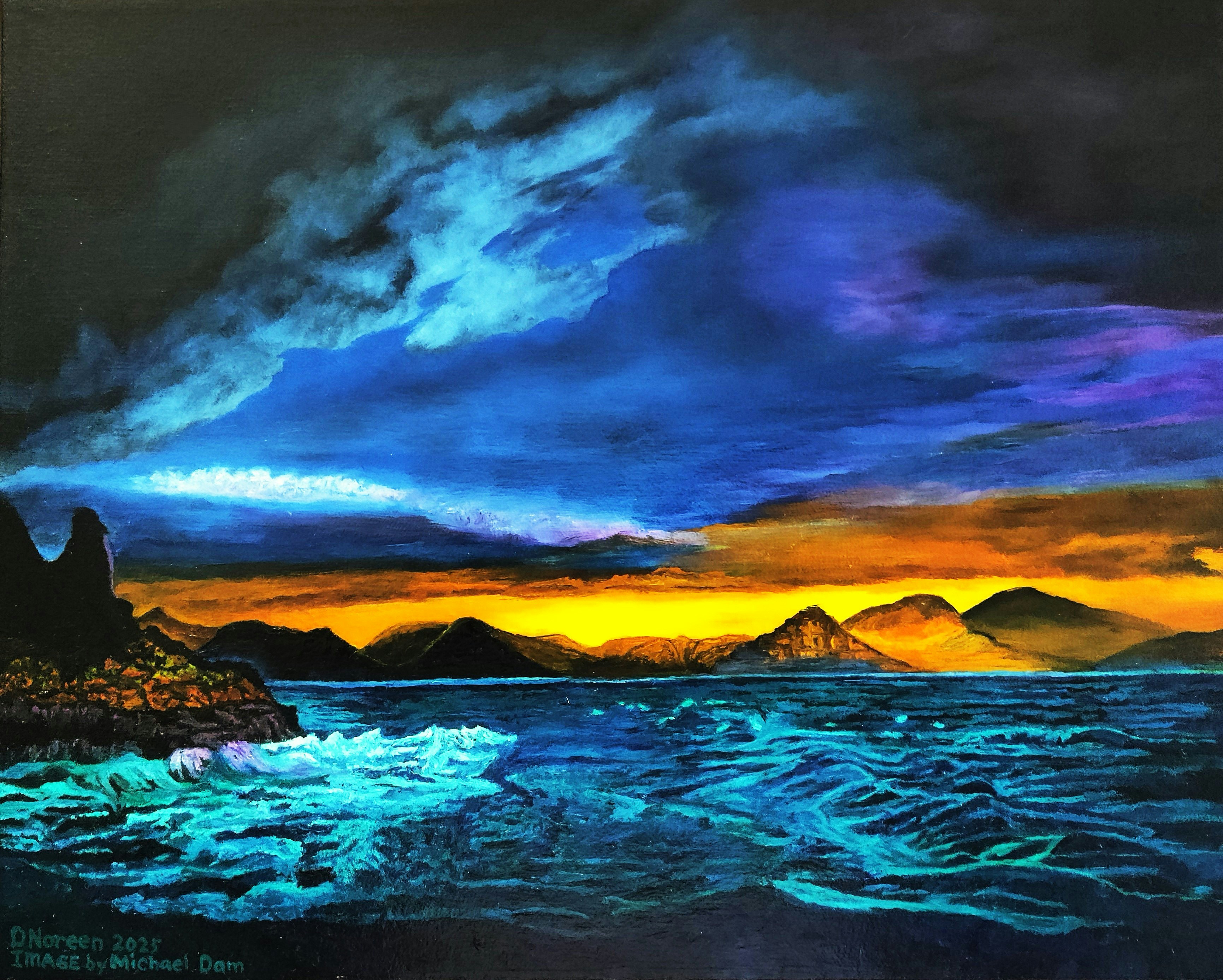 UNSPLASH Image by Photographer: Michael Dam, Reference Painting Number: 14, Image Description "Dark Seascape Sunset", Oil Painting 20x16 by Dennis Noreen, Year Painted Apr 2025