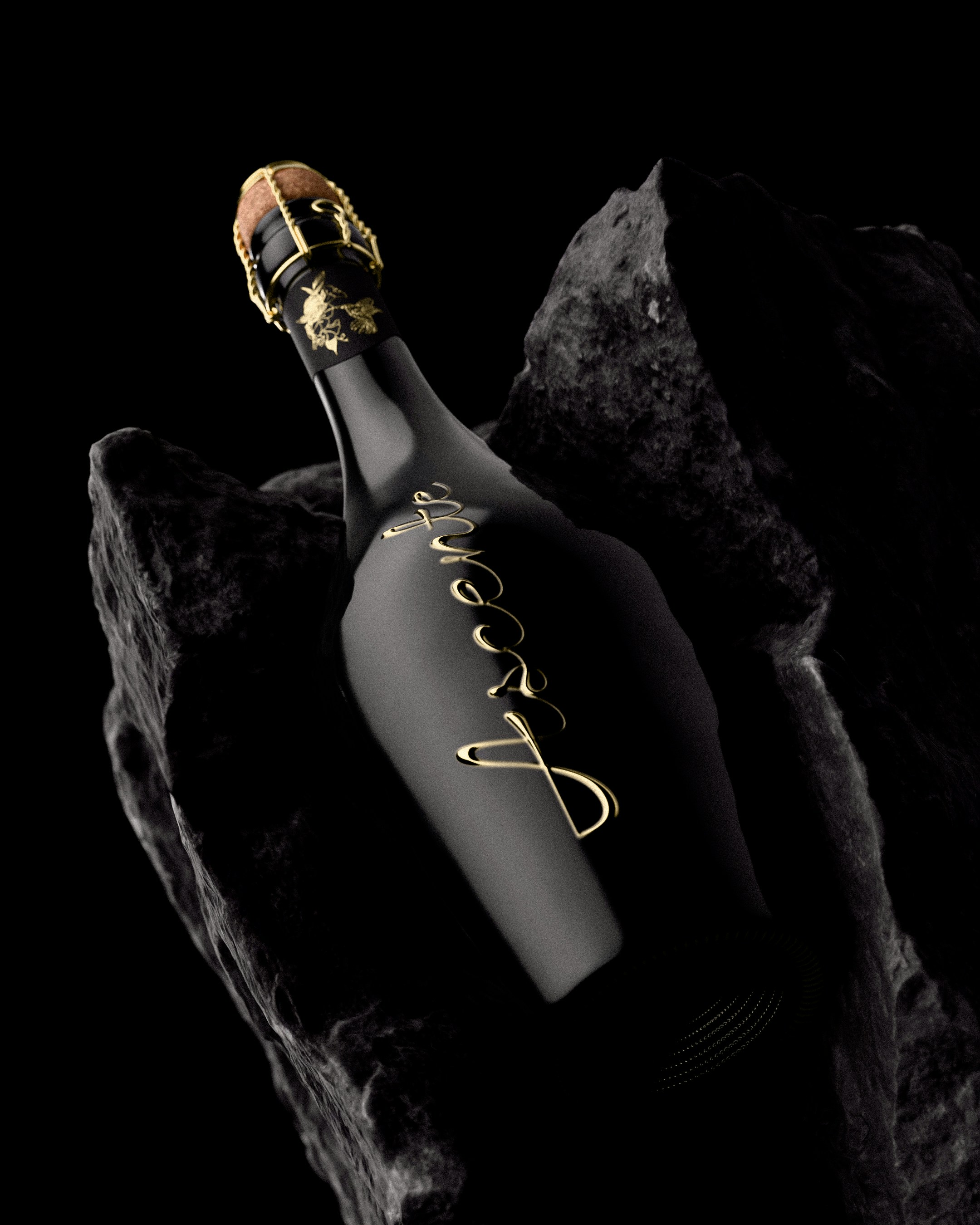 A black bottle of liquor on rocks.