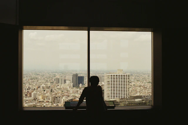 Silhouette of a person looking out over a city through a large window