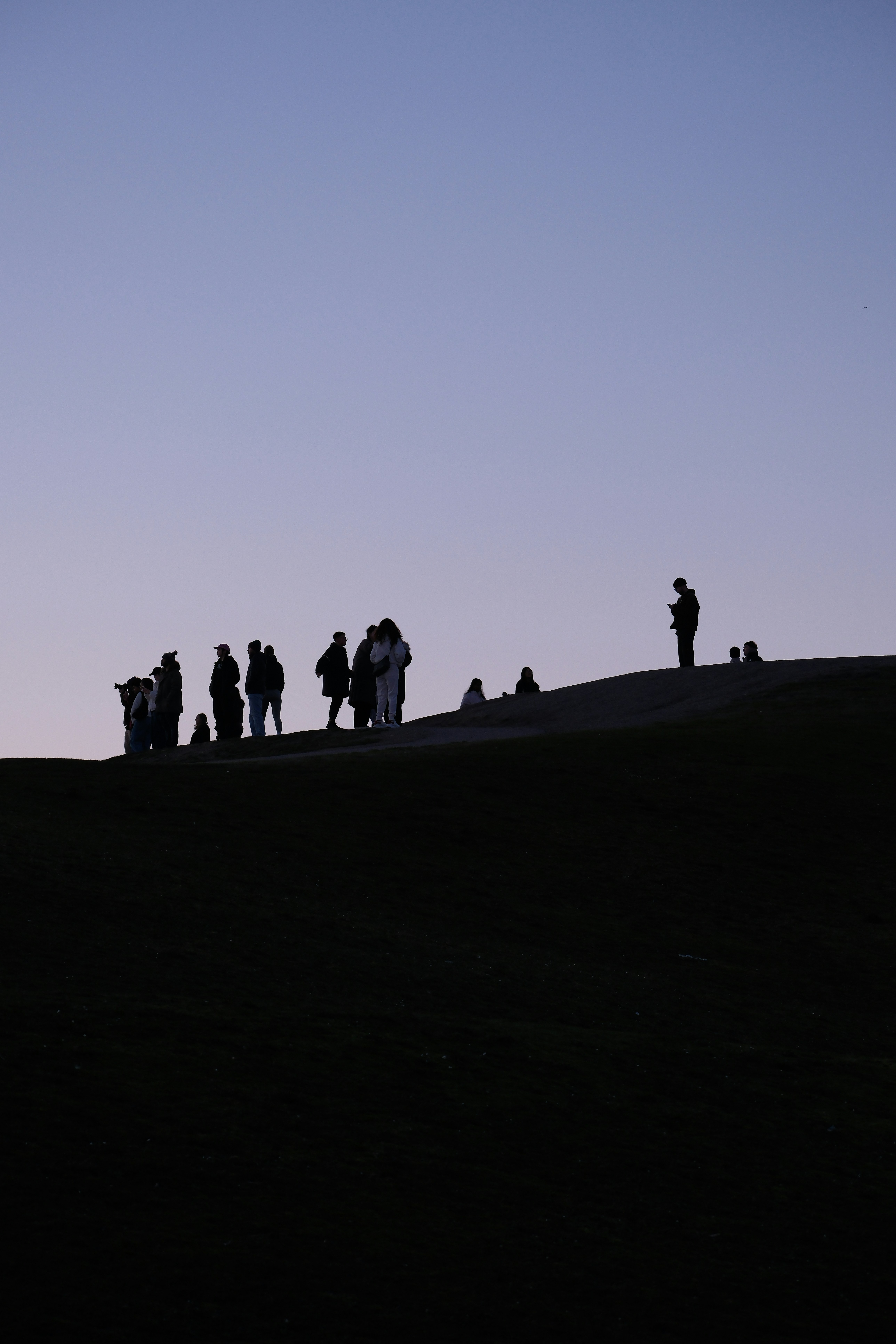 Silhouetted people stand on a hilltop at dusk.