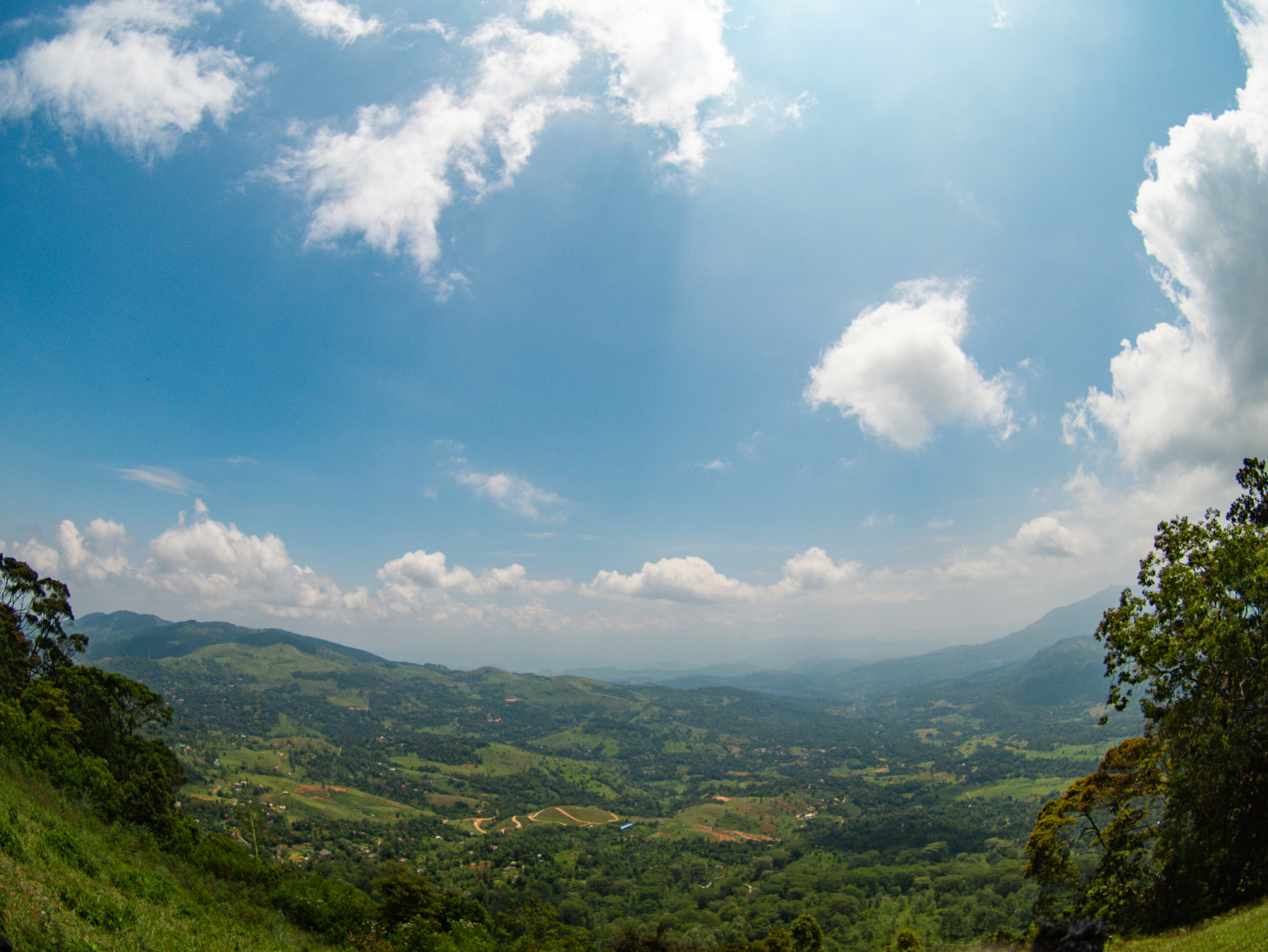 A panoramic view from Delthota, Sri Lanka, showcasing lush valleys and rolling hills under a dramatic blue sky. The wide perspective captures the untouched beauty and vastness of the central highlands.