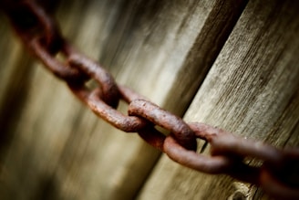 A rusty chain rests against wood.