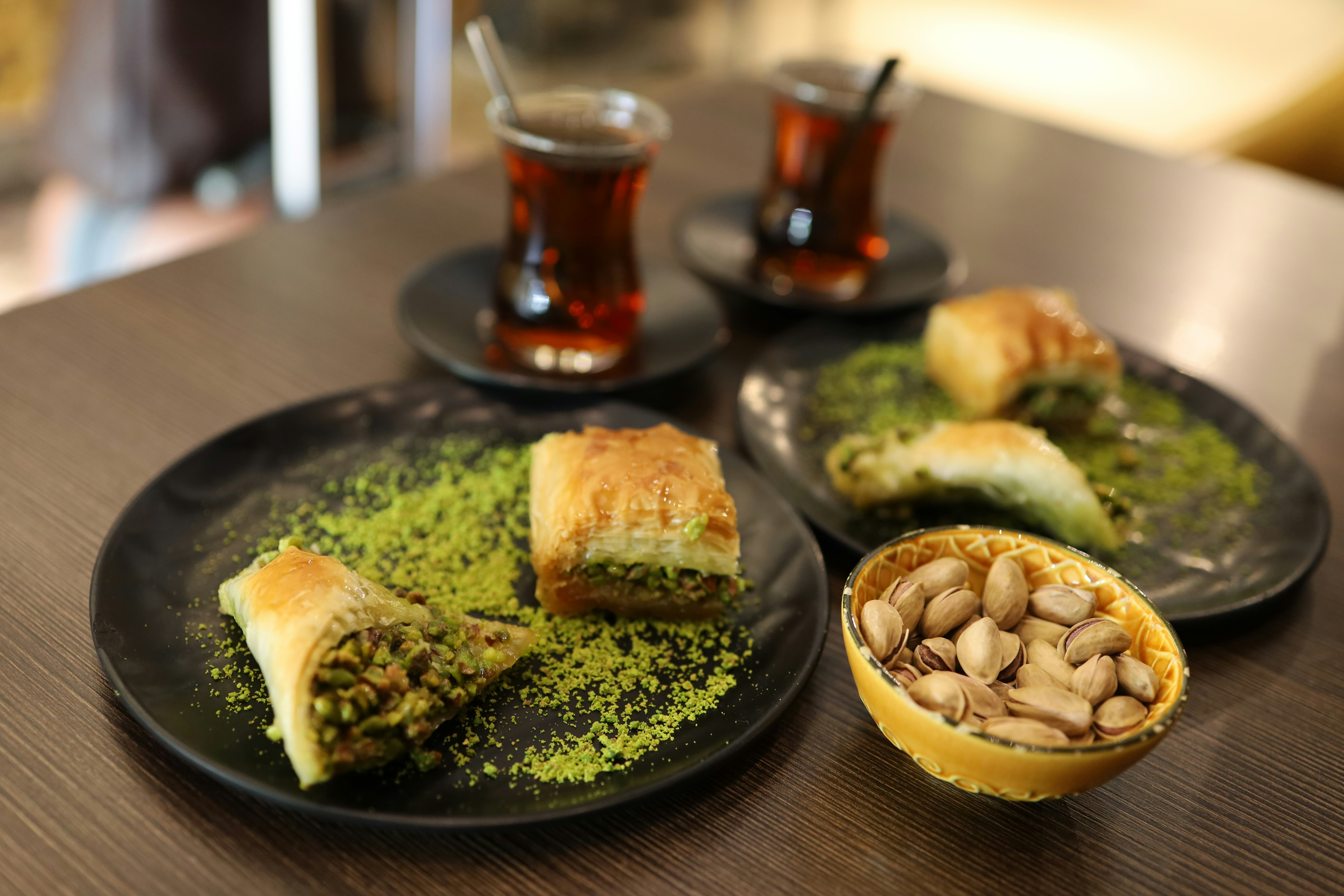 Baklava and tea are a delicious turkish treat., 