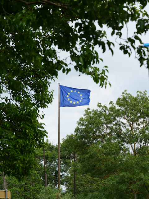 The european union flag waves in the wind.