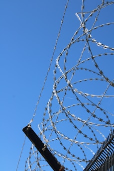 Barbed wire fences under a clear, blue sky.
