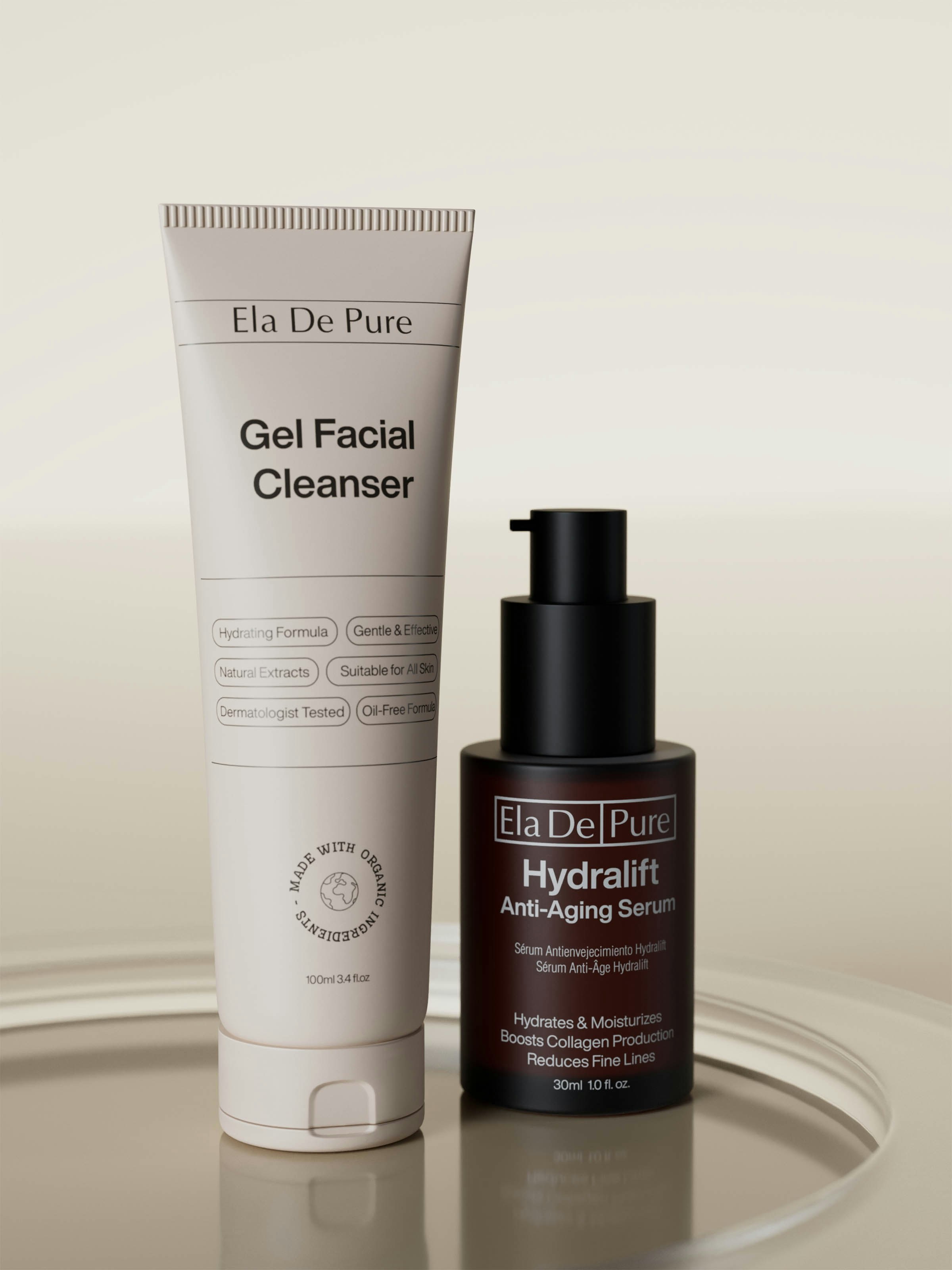 Skincare products: gel cleanser and anti-aging serum.