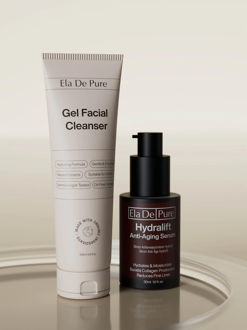 Produtos de skincare: gel de limpeza e sérum antienvelhecimento