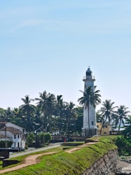 A lighthouse stands tall beside palm trees.