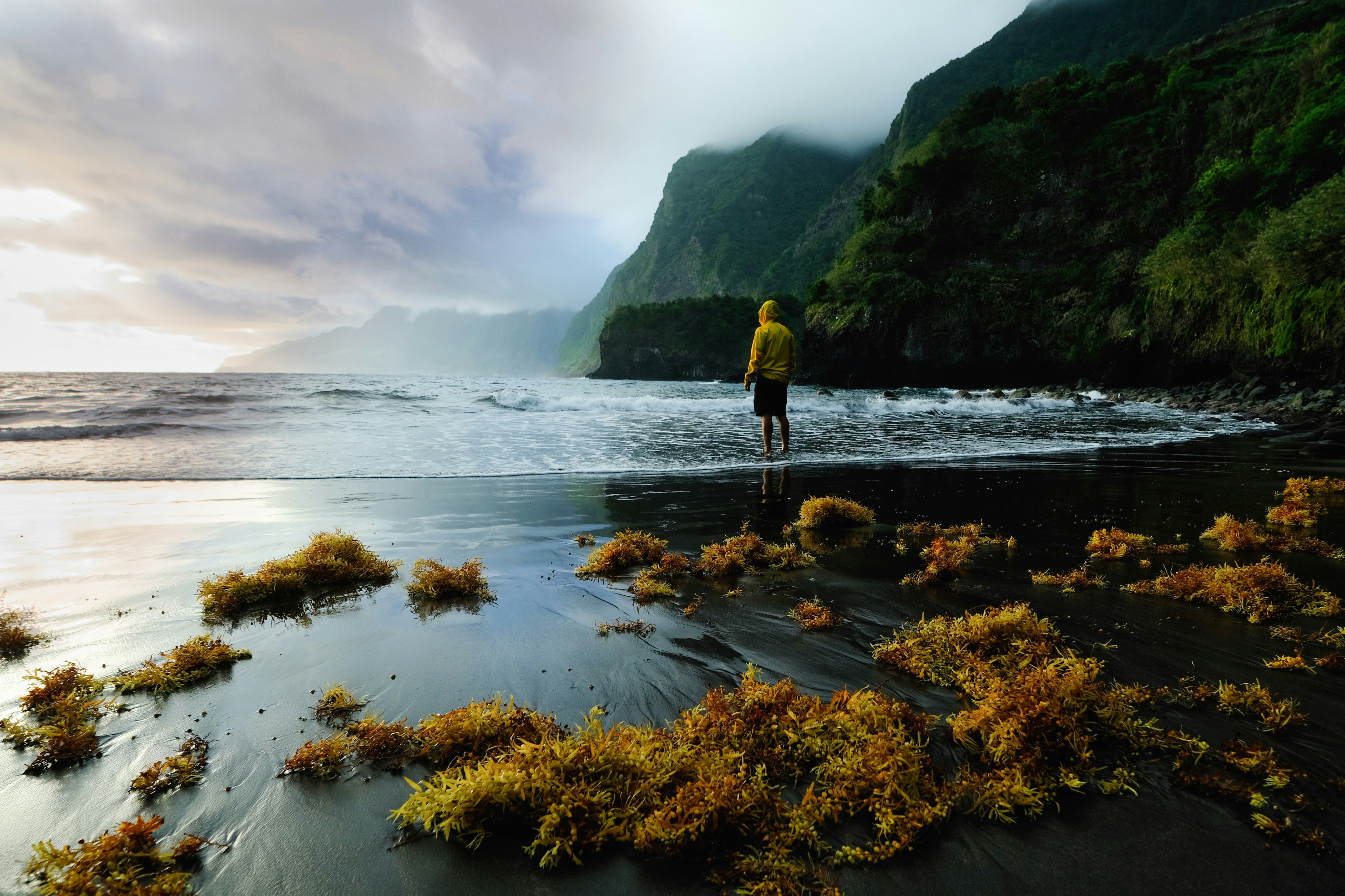 Eine Person steht an einem Strand in der Nähe von Bergen.