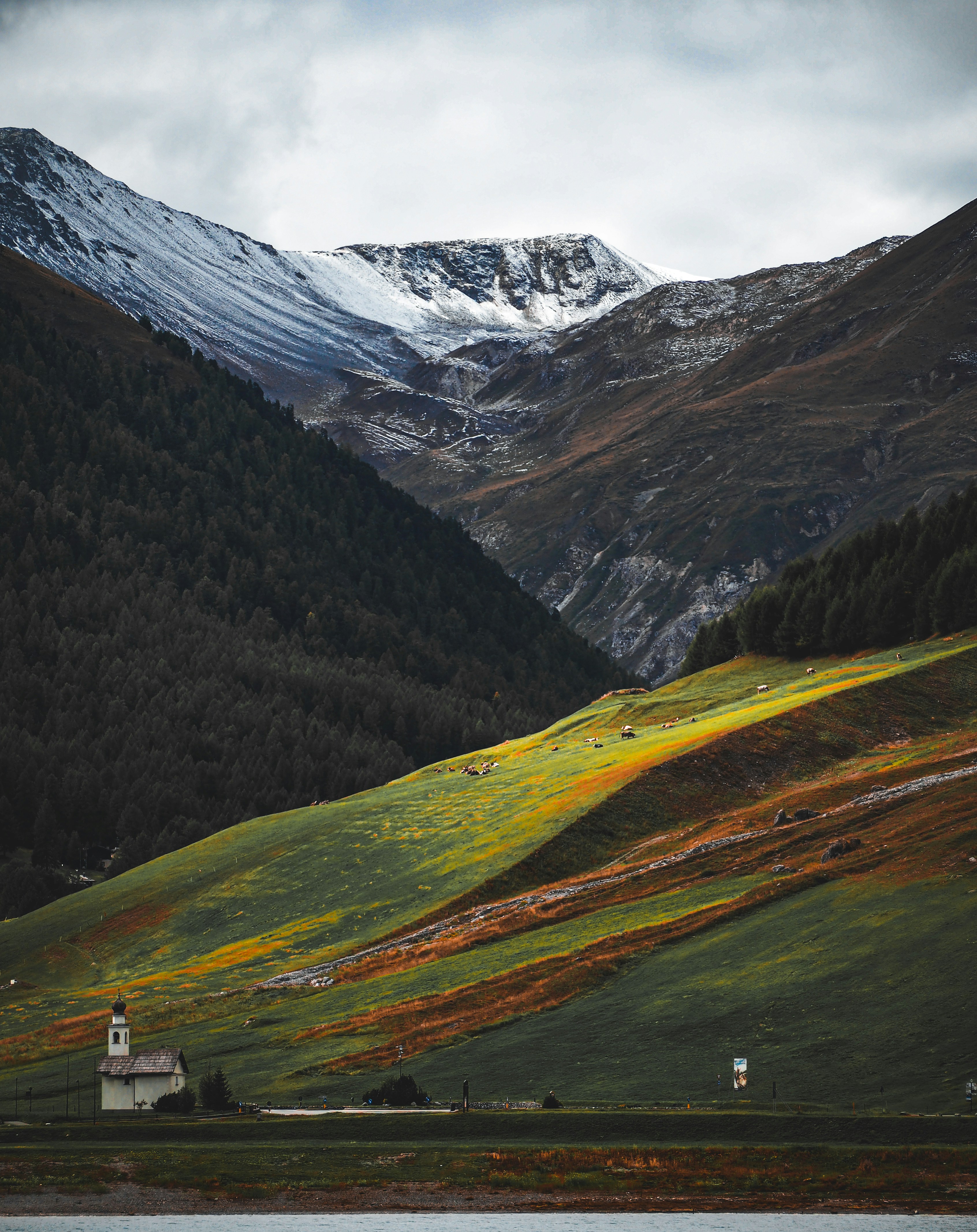 Mountains rise above a quaint church and lush hillside.