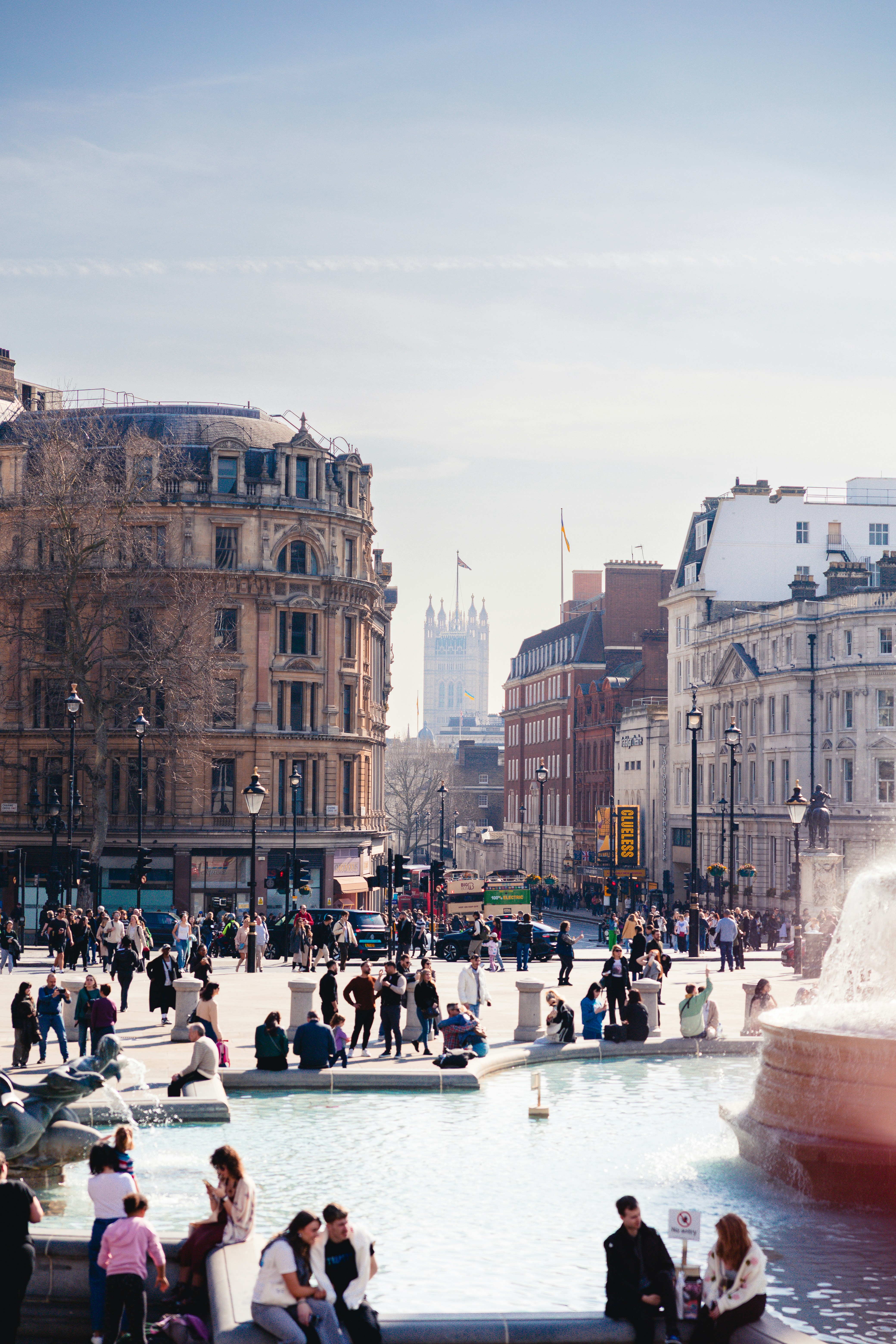 People gather at trafalgar square in london.