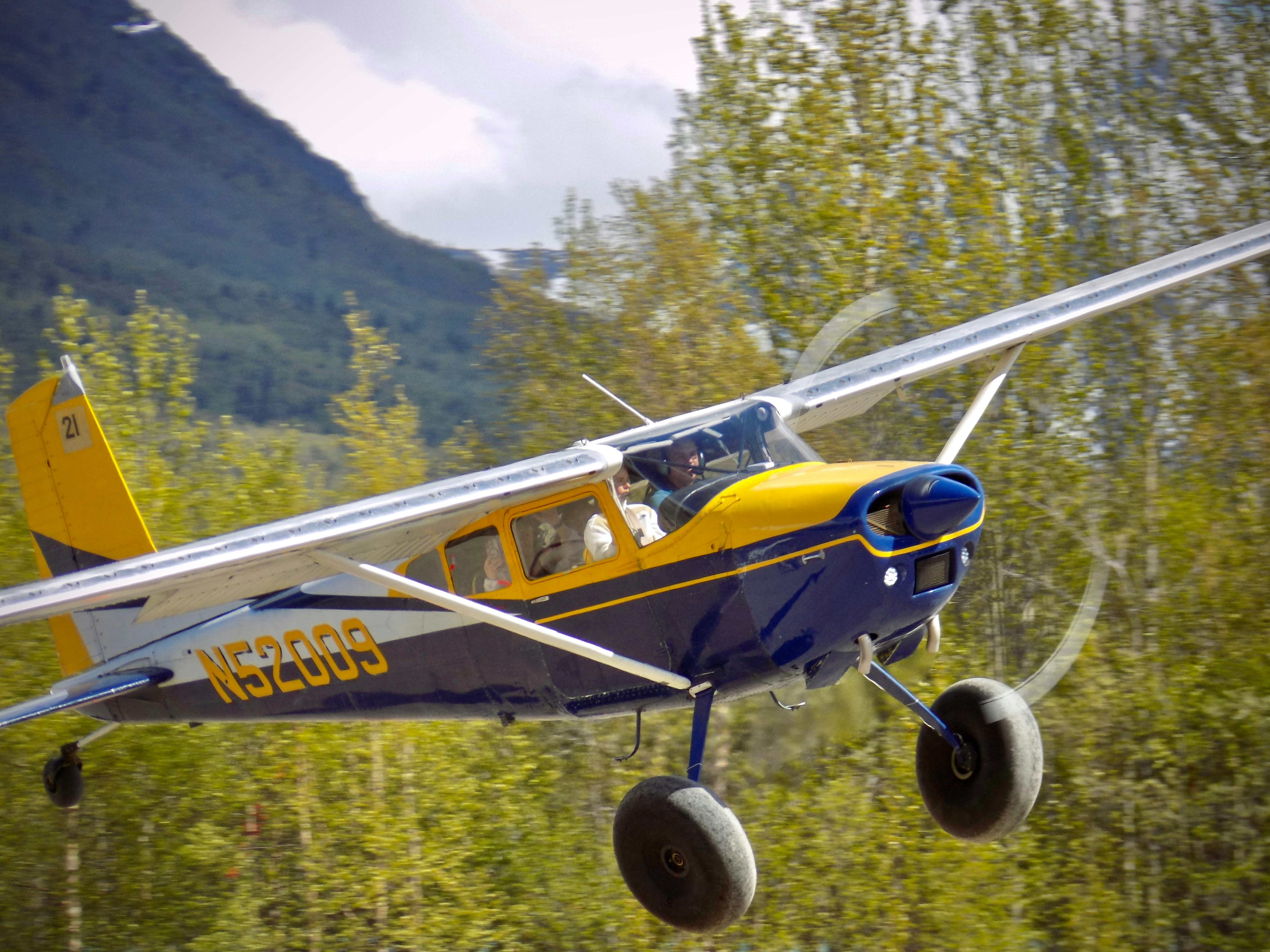 A plane takes flight near mountain and trees.