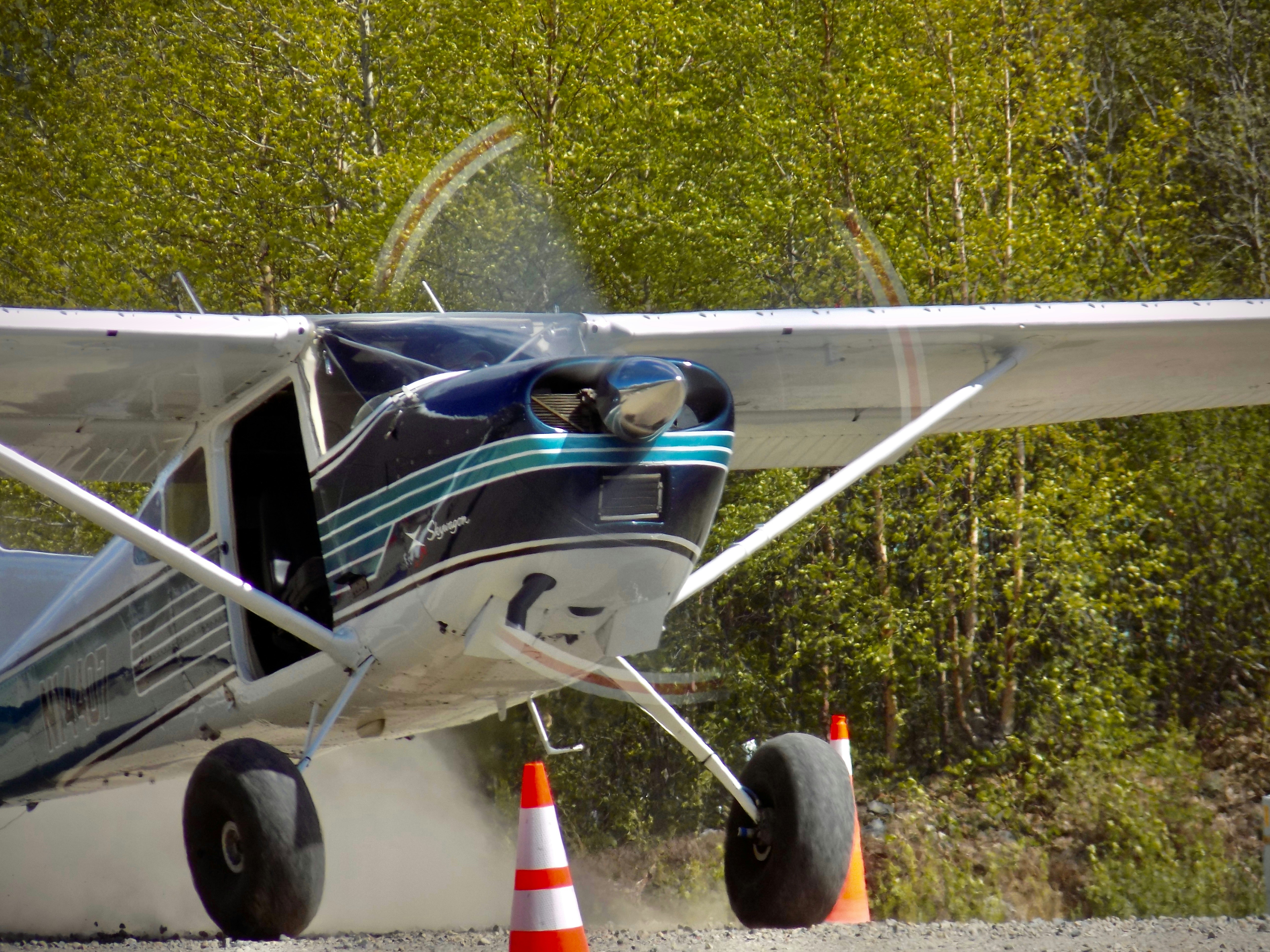 A small plane is ready for takeoff.