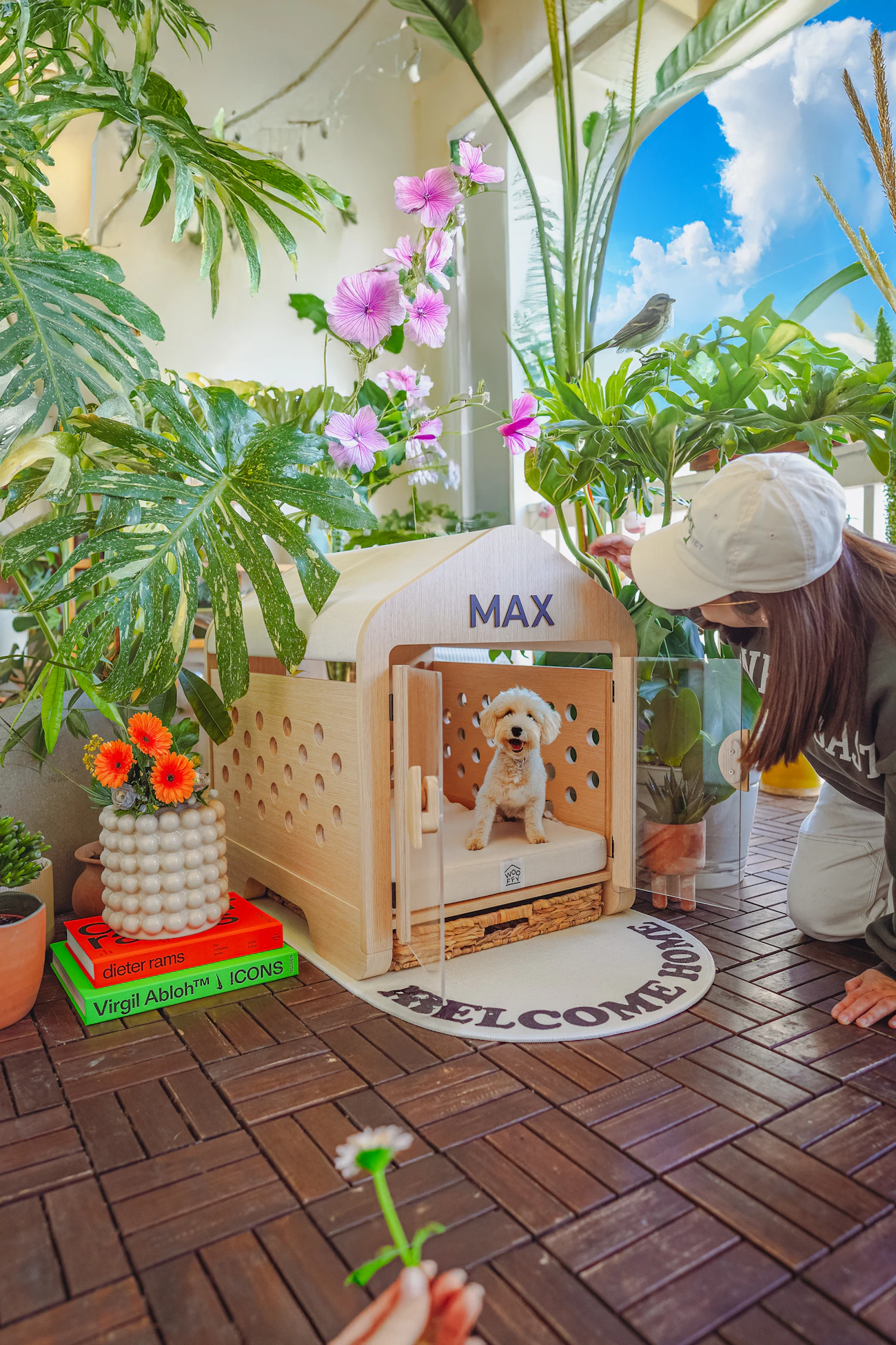 Dog in a thoughtfully designed indoor pet space