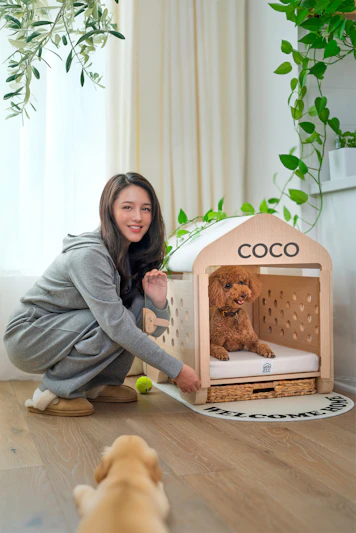 Woman with two dogs near a wooden dog house.