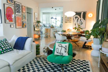 Cozy living room with eclectic art and a dog