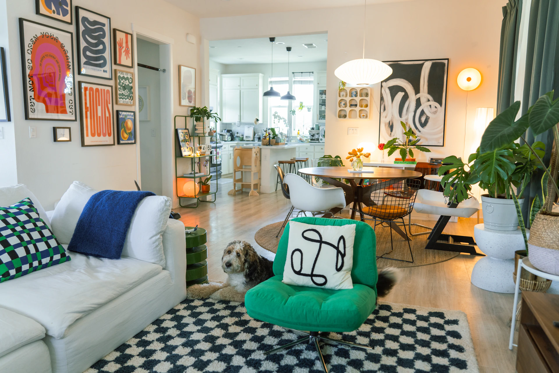 Cozy living room with eclectic art and a dog