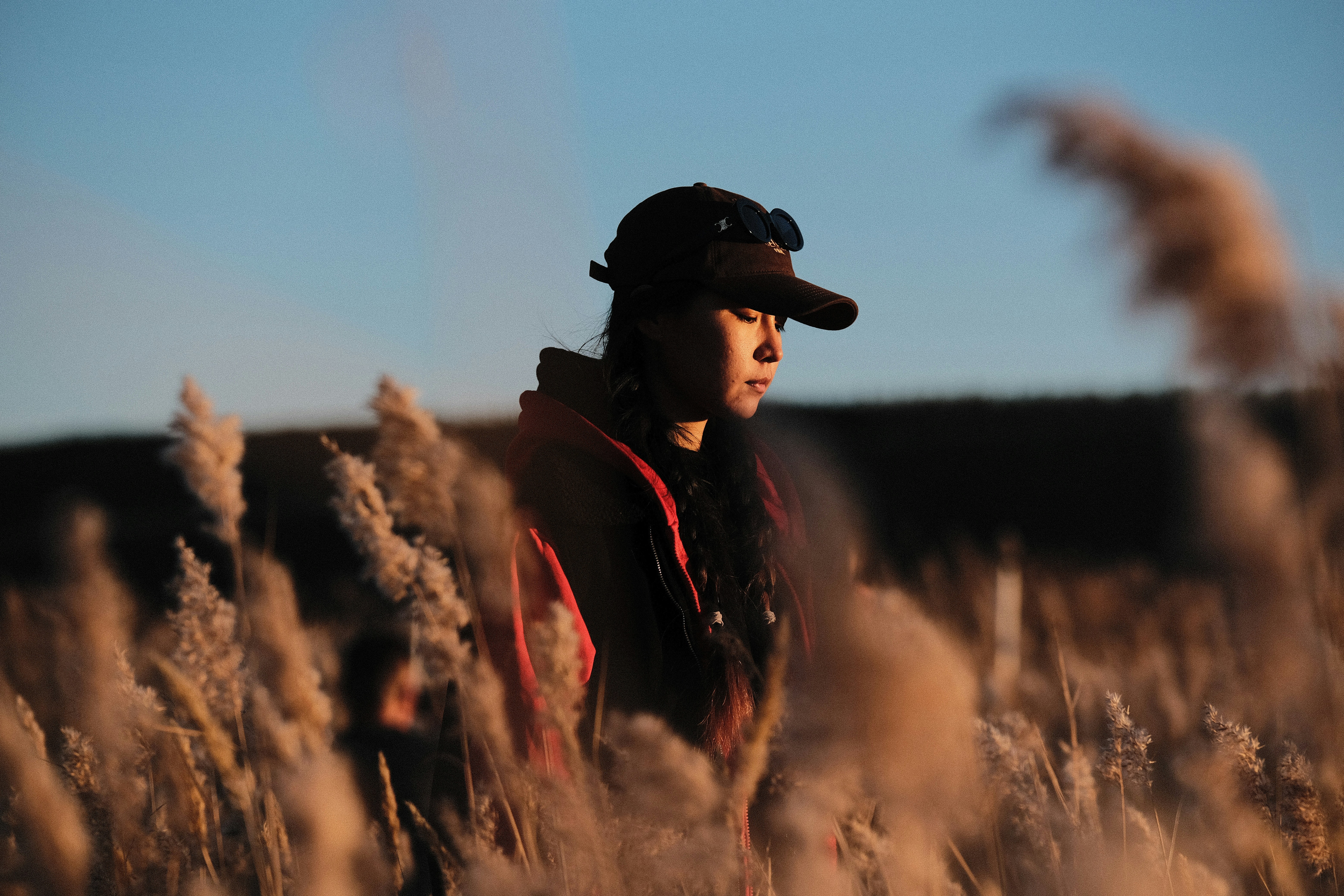 Eine Person steht im hohen, goldenen Gras.