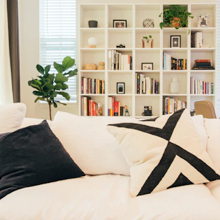 Living room with white sofa and bookshelf.
