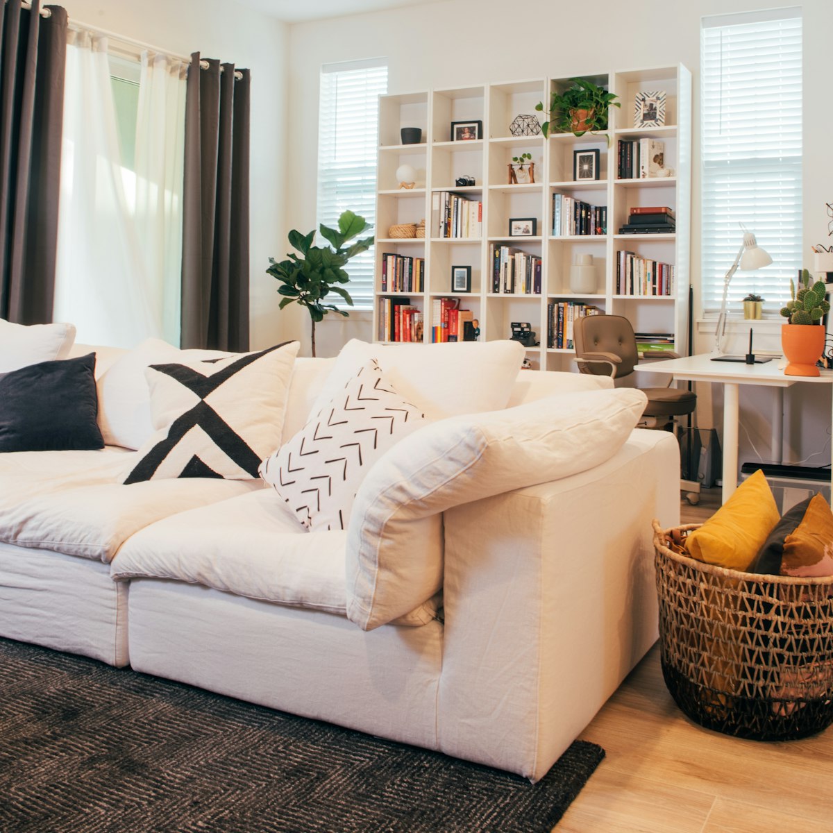 Cozy organized living room with white sofa and bookshelf