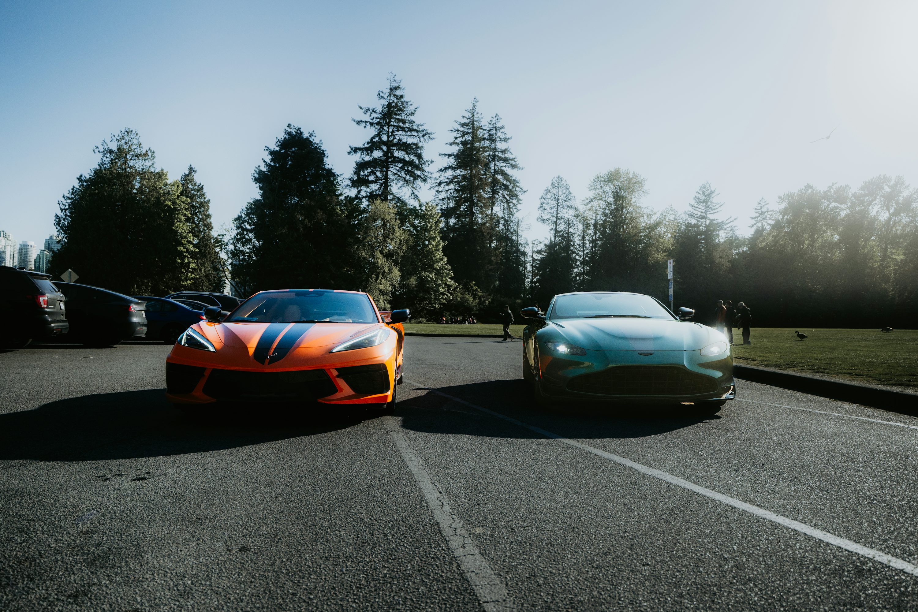 Two luxurious sports cars are parked on a road.